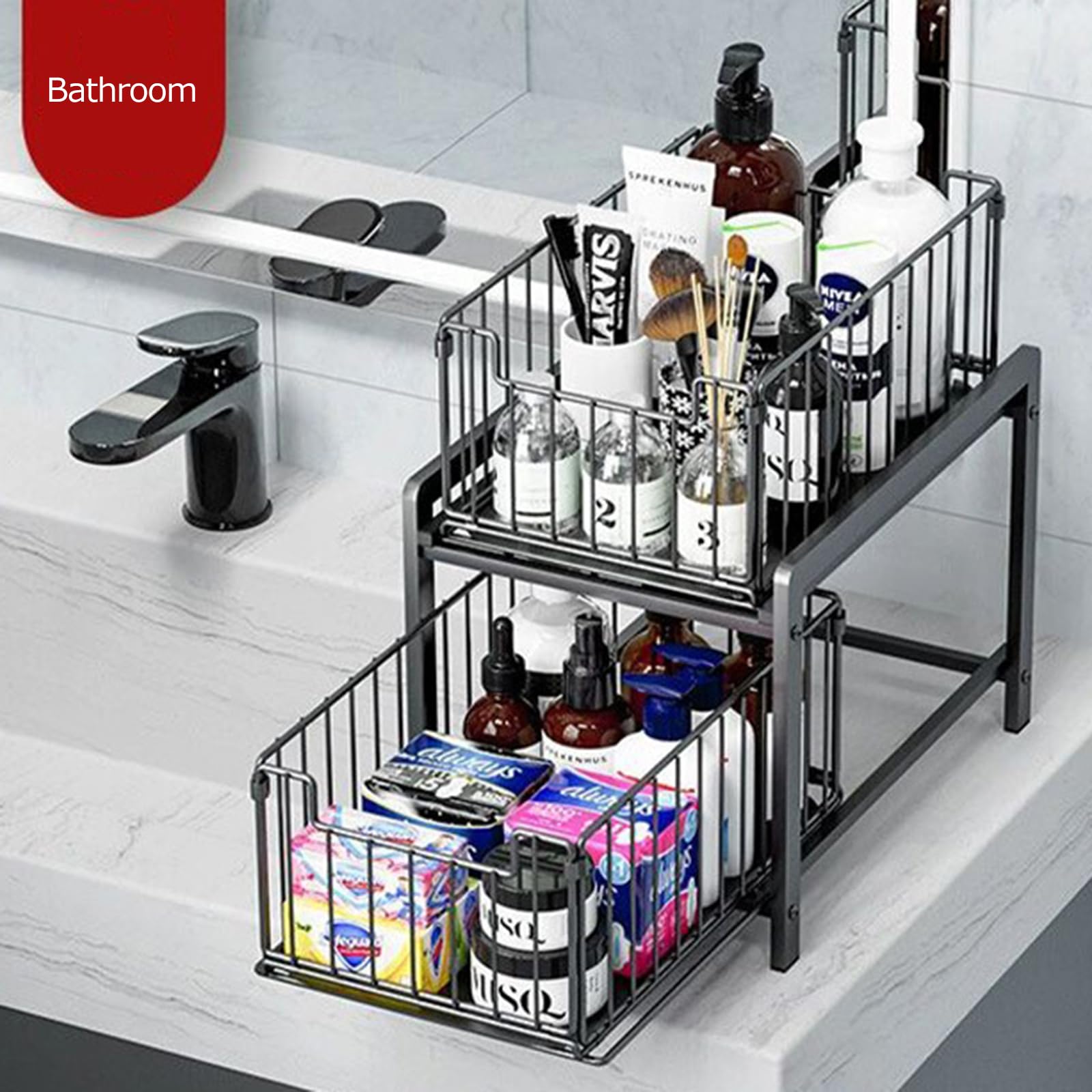 Zstar 2-poziomowy organizer pod szafkę pod umywalkę, stal węglowa, organizer kuchenny z 2 szufladami, szafka pod zlewozmywak, wysuwany regał na przyprawy, 26 szer. x 37 gł. x 38,5 wys. cm