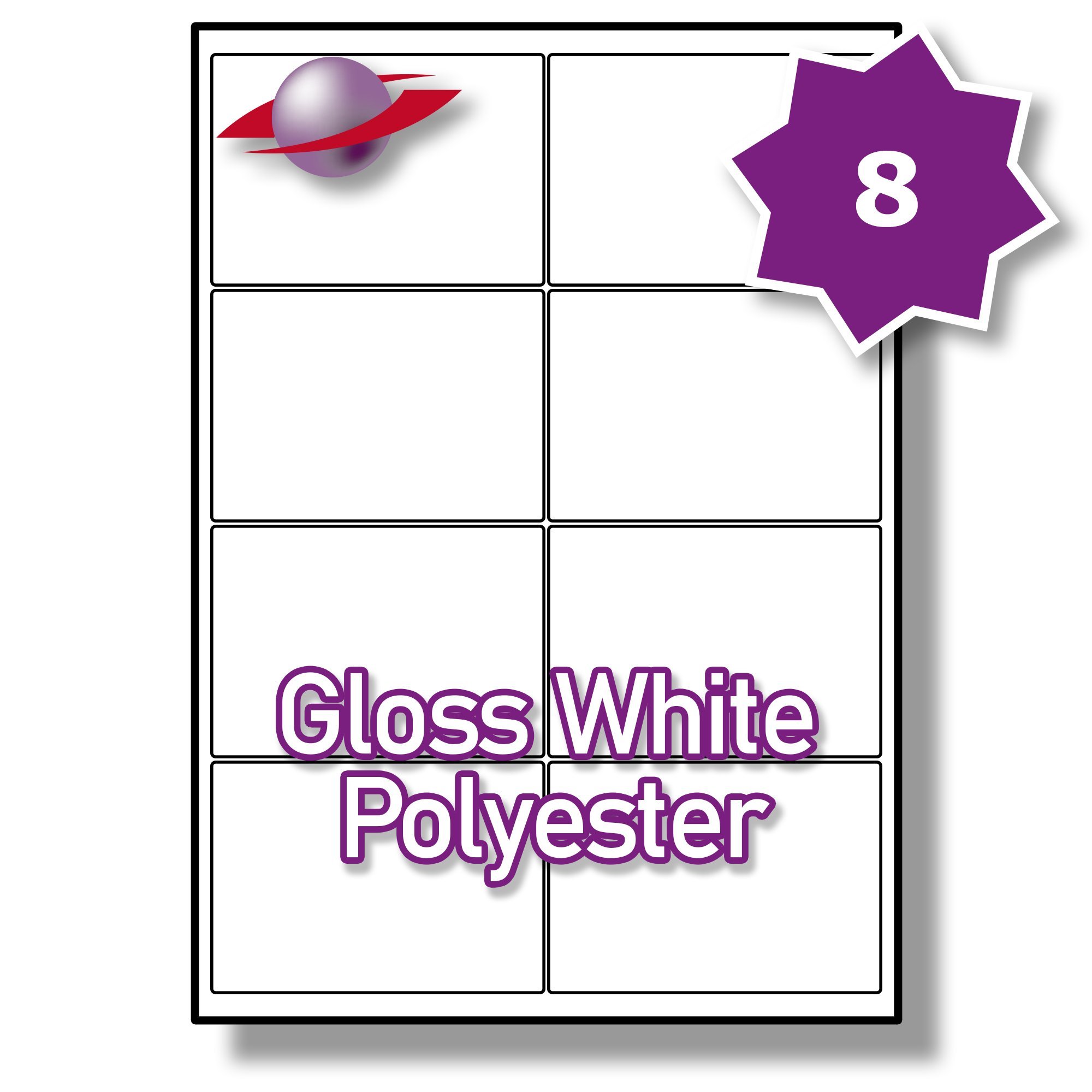 Label Planet® 8 Per Page/Sheet 25 Sheets (200 GLOSS WHITE POLYESTER Sticky Labels) A4 Waterproof Permanent Glossy Plastic Printable Stickers, Laser Printers Only, 99.1x67.7mm LP8/99 GWP Outdoor/Marine