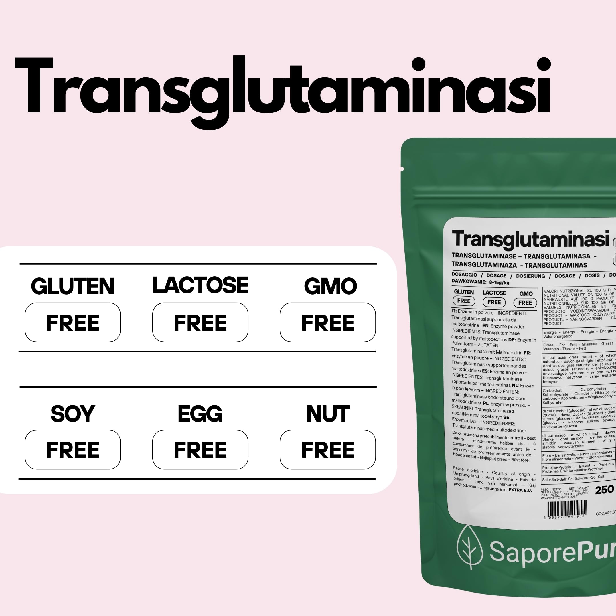 SaporePuro Transglutaminasi 250 g - Enzima per applicazioni alimentari professionali
