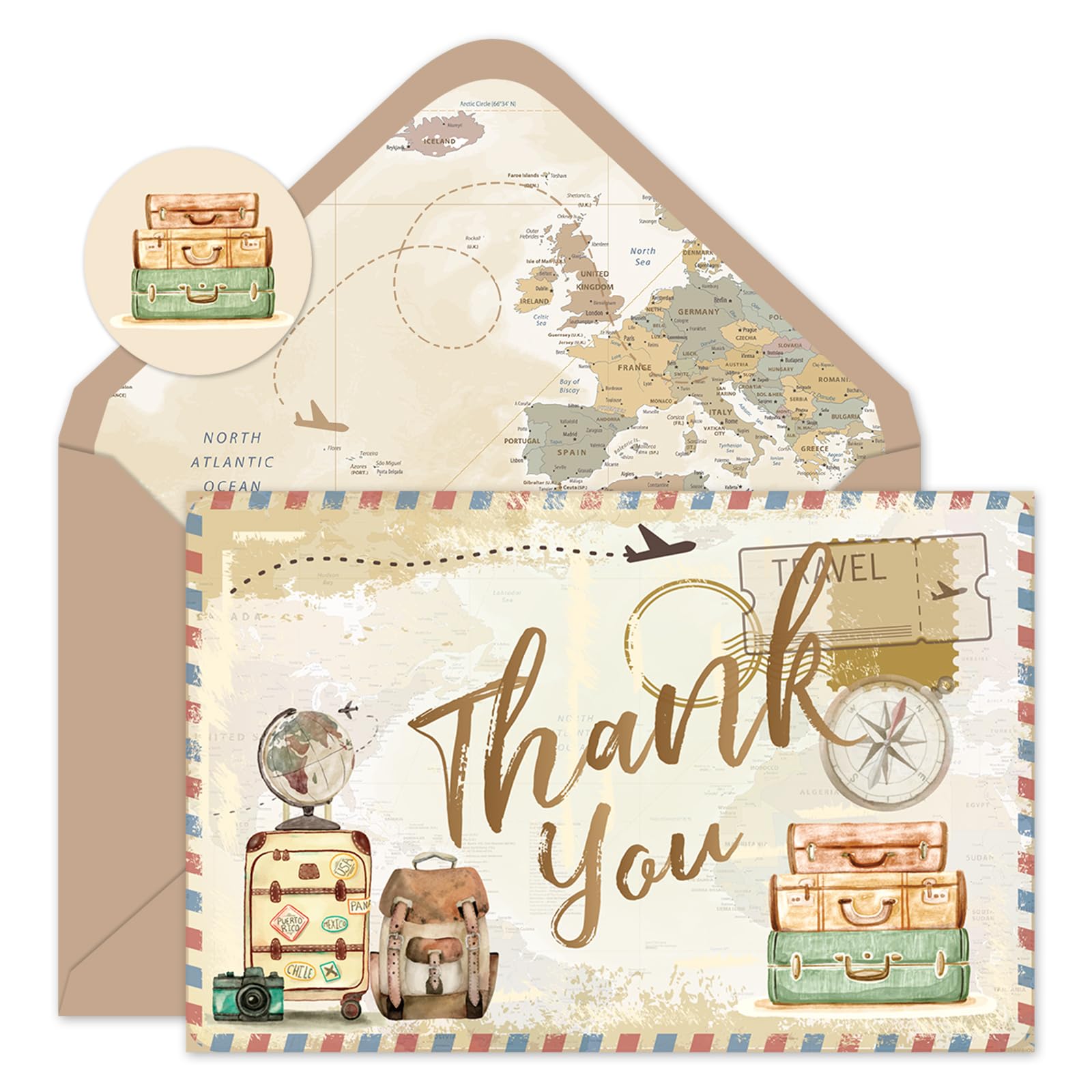 JarThenaAMCS 24 Pack Travel Thank You Cards Vintage Adventure Greeting Cards With Envelopes Stickers Airplane Map Suitcases Blank Note Cards for