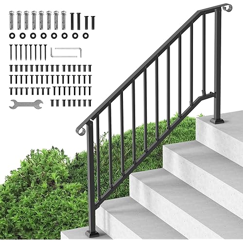 VEVOR Handrails for Outdoor Steps, 5-6 Step Stair Hand Rail Kit, Transitional Carbon Steel Railings with Installation Kit, Stair Rails for Seniors, Concrete Steps & Porch & Deck, Black Retro Arch