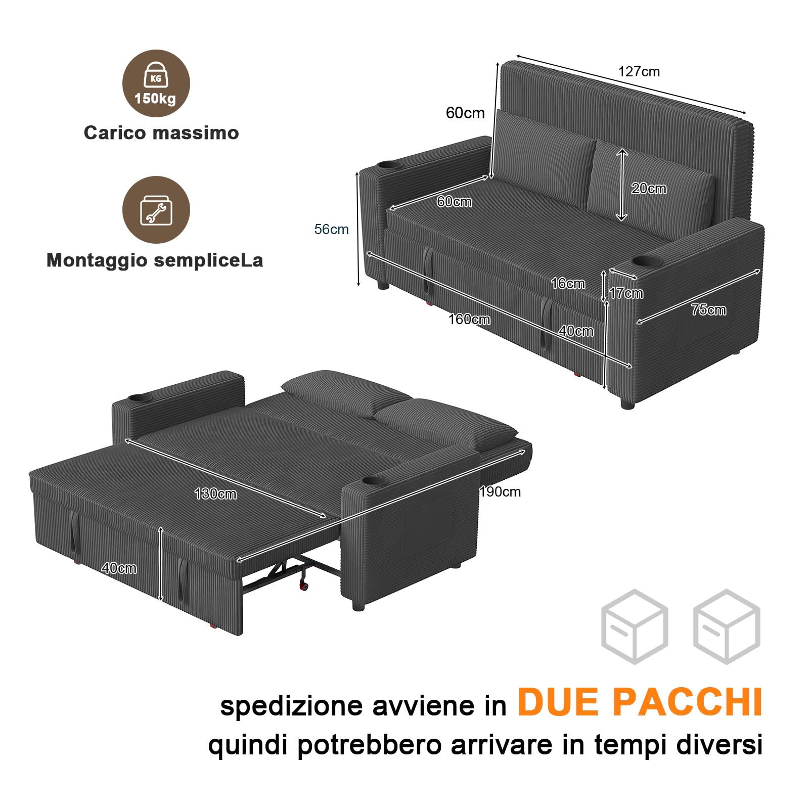 JUMMICO Divano Letto 2 Posti in Velluto Divano Matrimoniale Prontoletto Estraibile con Schienale Regolabile in 5 Posizioni per Soggiorno, Camera da Letto o Ufficio, 75P x 160L x 93H cm, Grigio