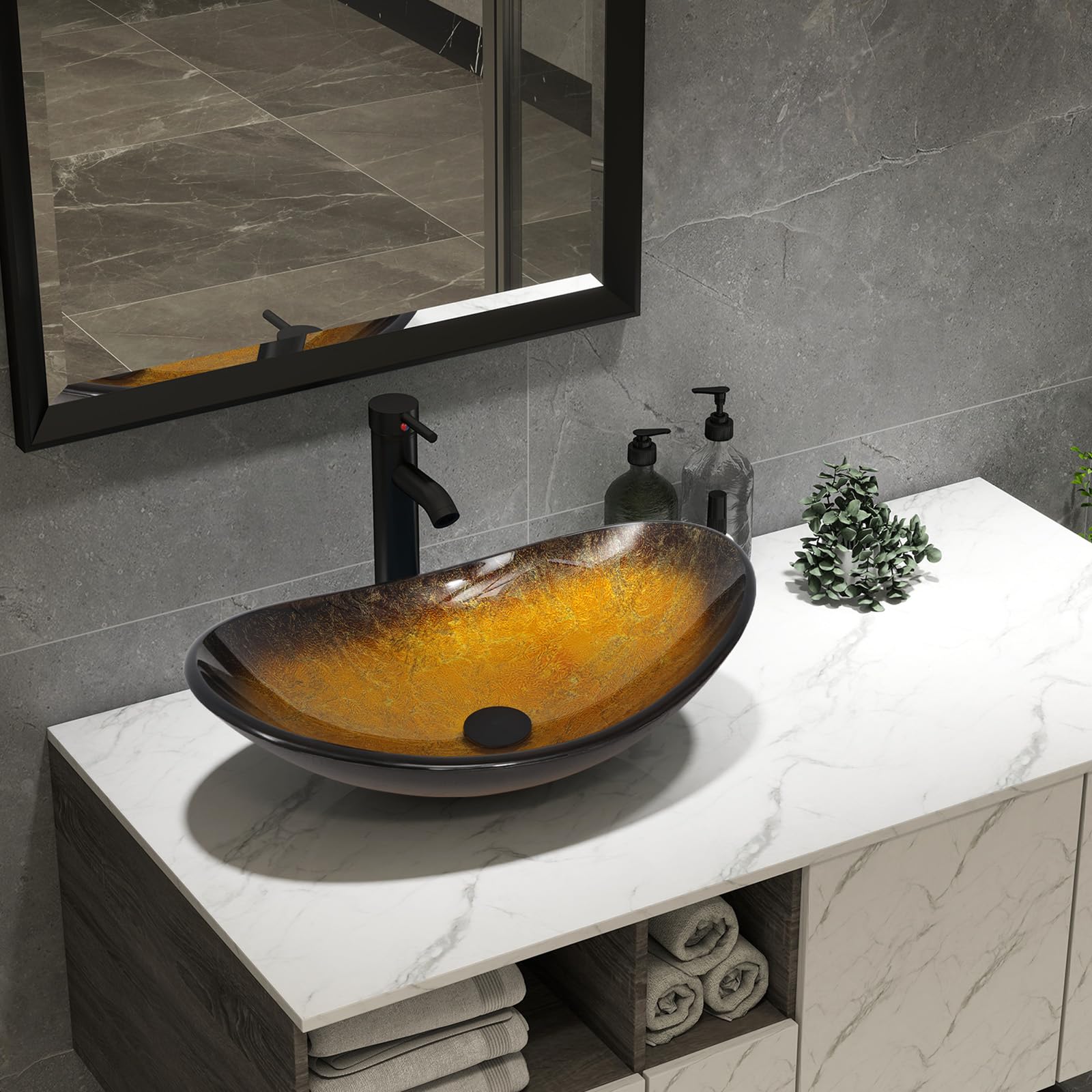 ZealWe Waschbecken Aufsatzwaschbecken Glas, Waschbecken Aufsatz Waschschale Oval für Badezimmer, Handwaschbecken Gäste WC 53 × 35 × 15 cm Waschtisch Waschplatz, Schwarz Gold