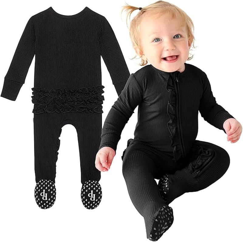 Posh Peanut Baby Infant Girls Footie Pajamas | Ruffle Bodice With 2-Way Zipper for Easy Access, Footed Grips, True To Size