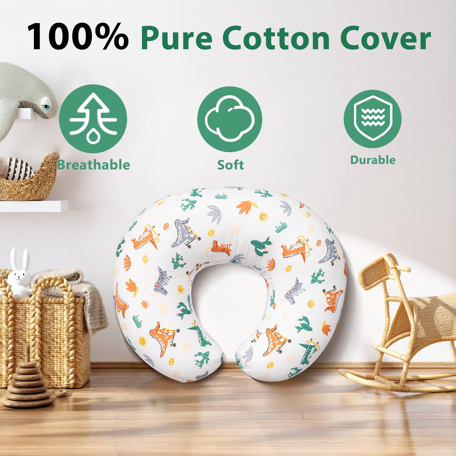 Almohada de lactancia original, almohadas de lactancia para lactancia, almohada de lactancia para mujeres, con funda extraíble 100% algodón y relleno transpirable, lavable a máquina (dinosaurio