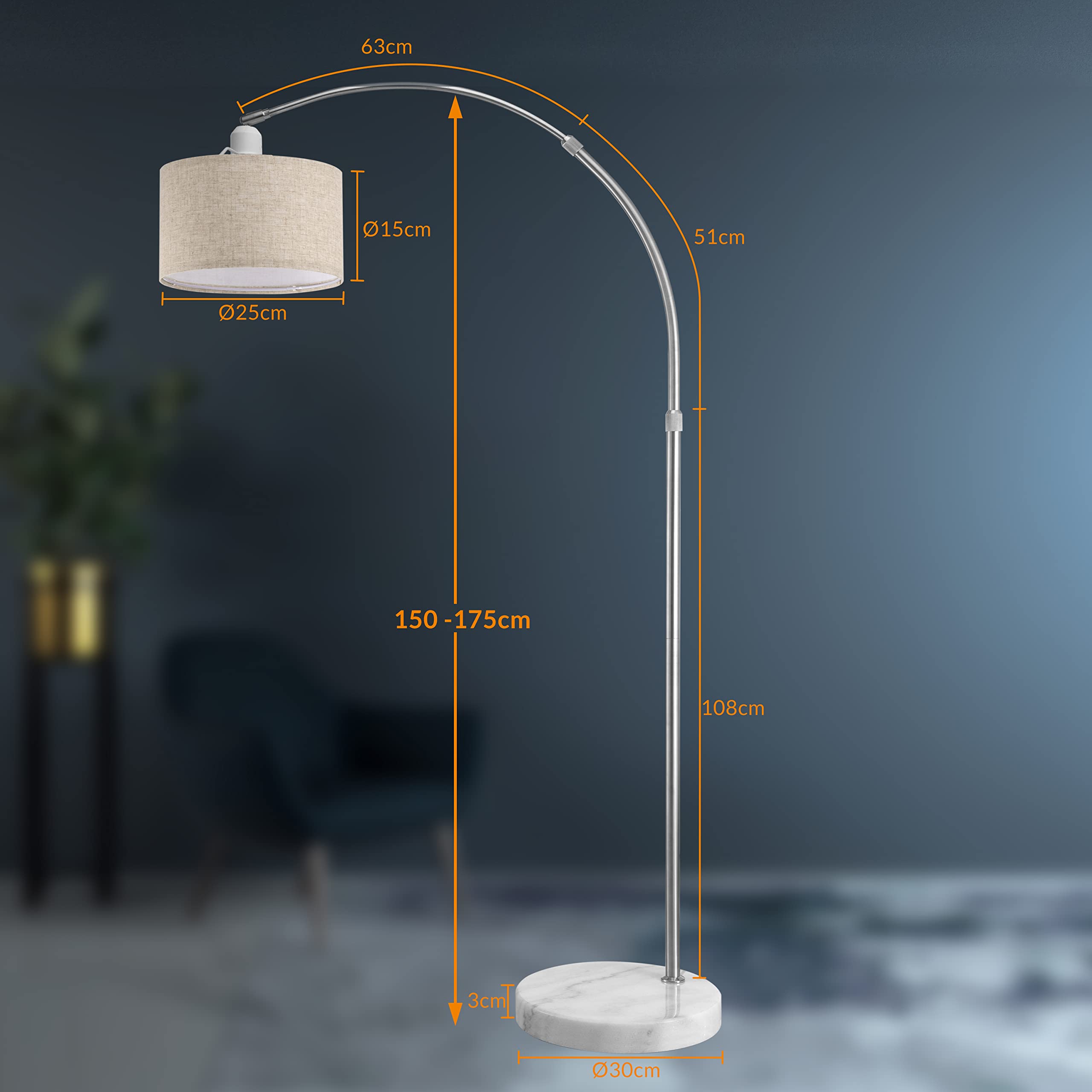 MONZANA® Bogenlampe Stoffschirm Marmorfuß 150-175 cm Höhenverstellbar Fußschalter Schwenkbar E27 Wohnzimmer Schlafzimmer Stehlampe Standleuchte Leinen