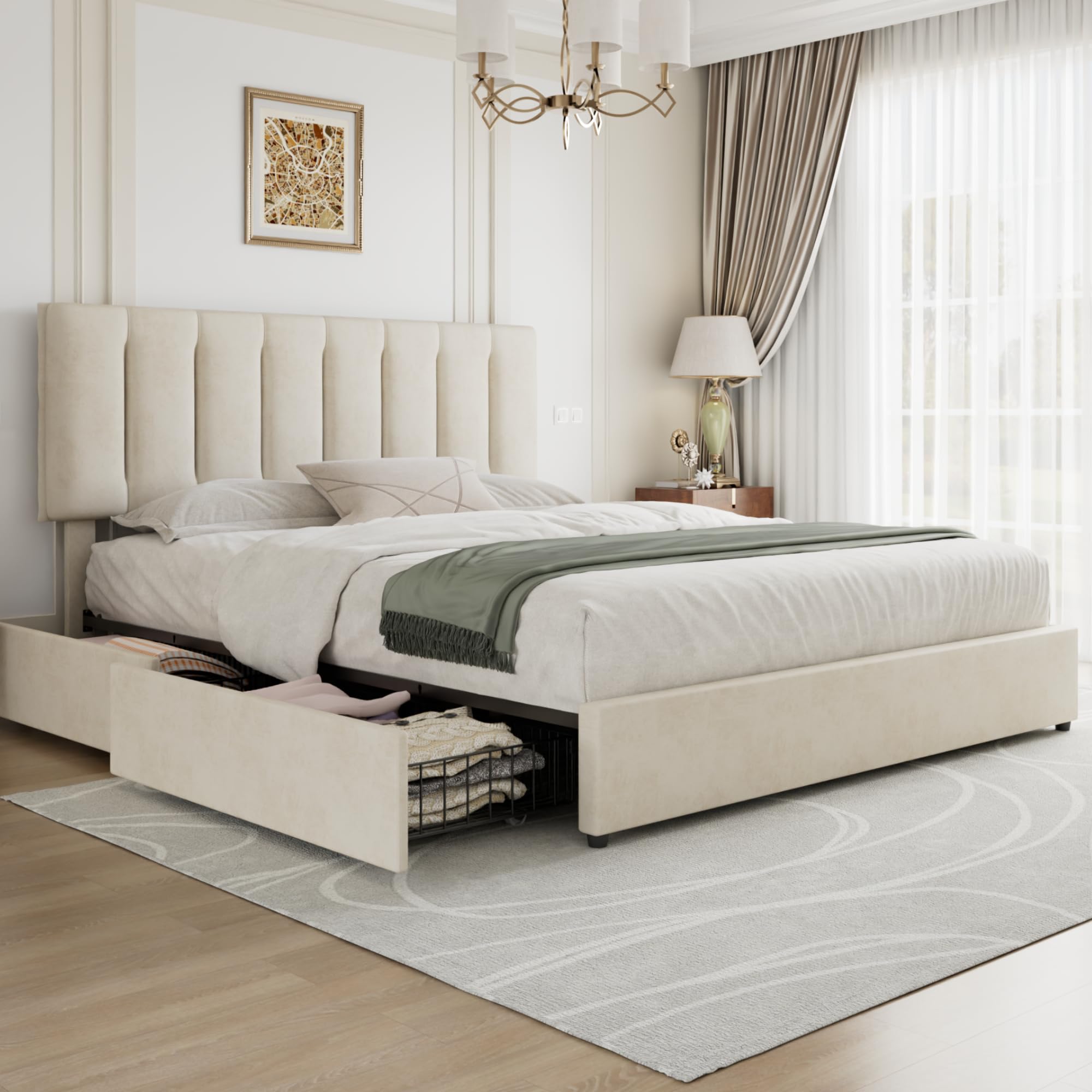 VECELO King Size Bed Frame with 4 Storage Drawers, Adjustable Height Headboard, Heavy-Duty Bedframe with Strong Wooden Slats, No Box Spring Needed,