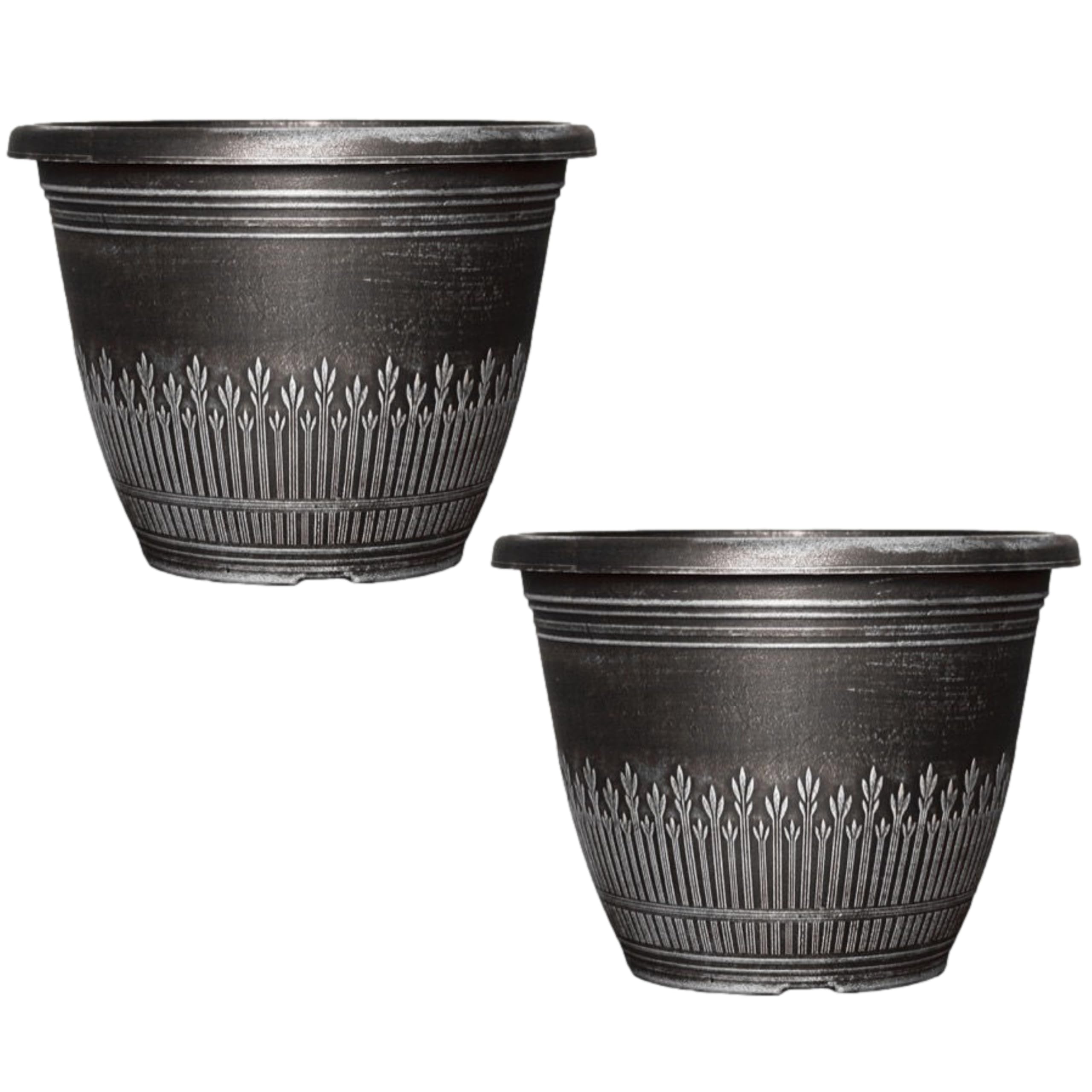 Fyne-Finds Set of 2 Round 28cm, 11inch Garden Plant Pot Brushed Silver Grey Wheat Flower Planter