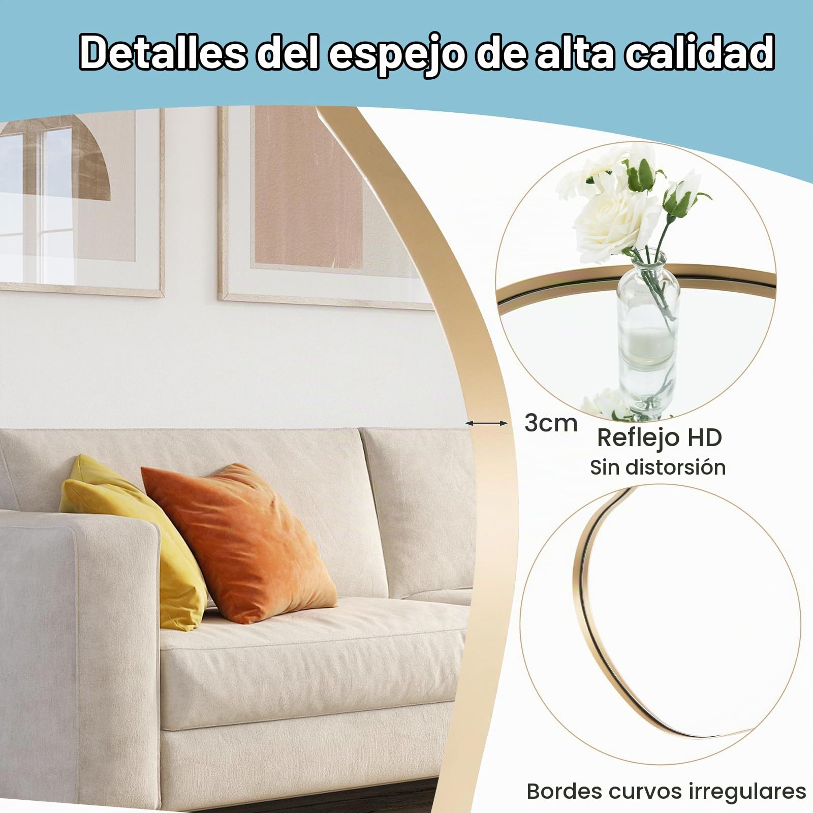 LIFEZEAL Espejo Decorativo de Pared, Espejo de Baño de Forma Irregular con Marco de Metal, Espejo asimétrico para Colgar en el Dormitorio, 56 x 78 cm (Dorado)