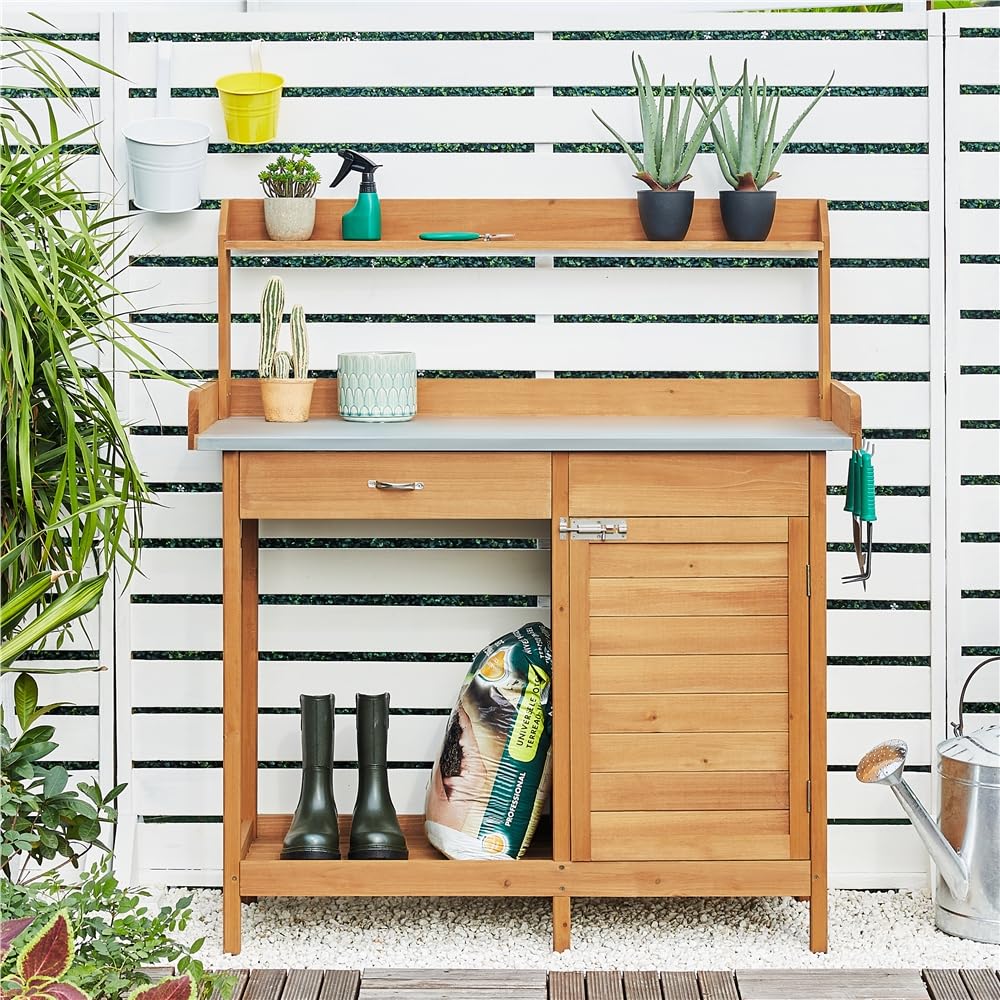 Yaheetech Tavolo Lavoro da Giardino per Piante in Legno Naturale con Ripiano in Metallo Spazioso Cassetto e Armadietto Banco per Giardinaggio 112 x 46,5 x 125 cm