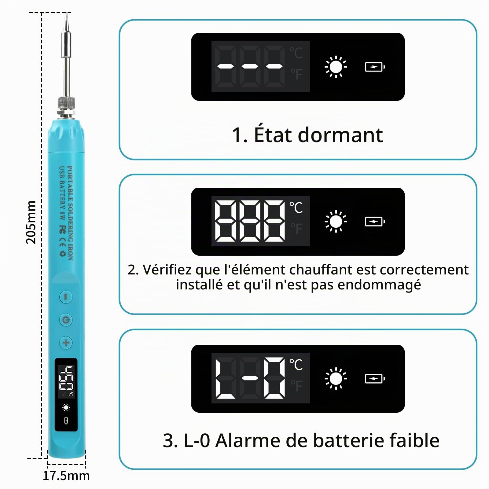 Fer à souder rechargeable USB-C, stylo à souder sans fil portable avec écran LCD, température réglable de 200 °C à 450 °C, avec 3 pointes pour réparation électronique, fabrication de bijoux