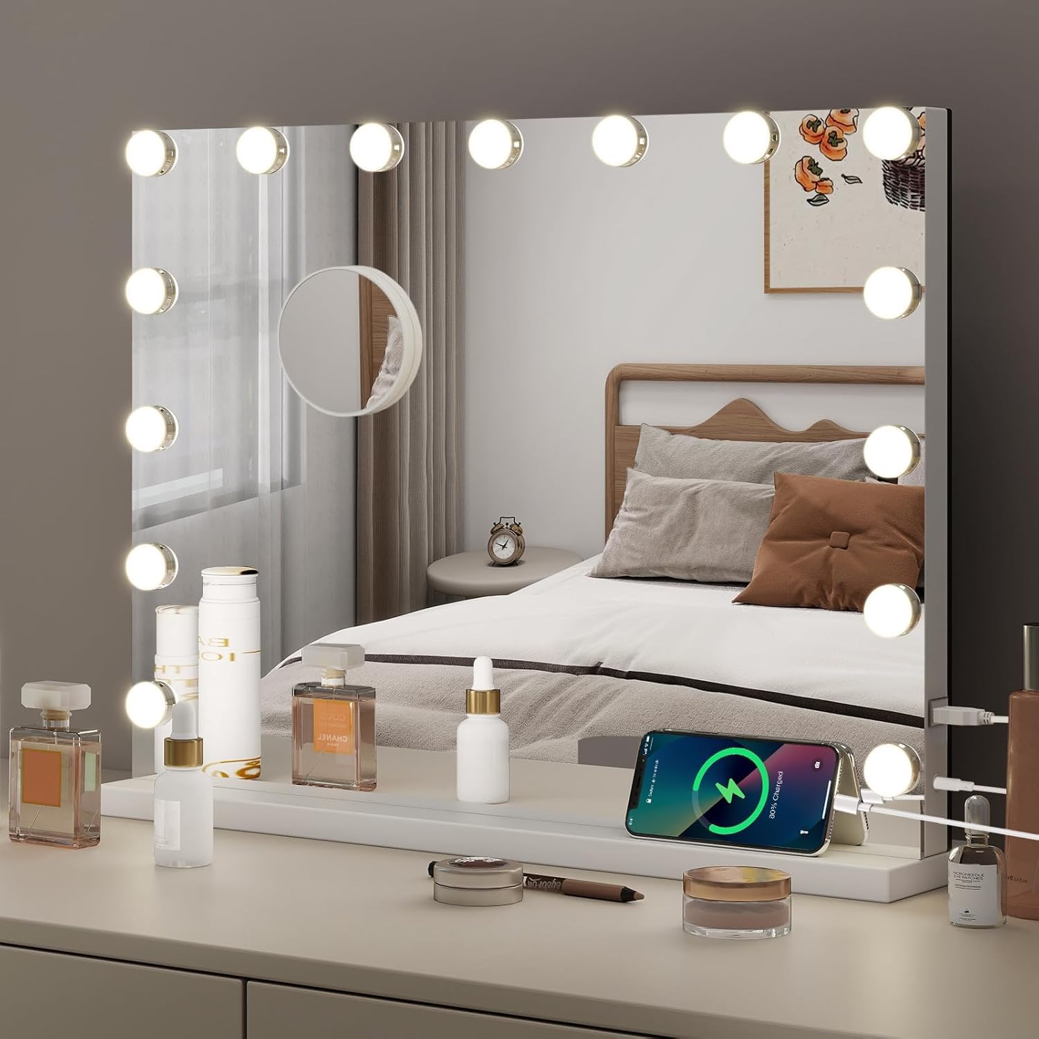 YOURLITE Hollywood Vanity Mirror with Lights, 58×45cm Lighted Makeup Mirror with 15 Dimmable Led Bulbs, 3 Lighting Modes, Touch Screen Control, Tabletop and Wall Mounted for Bedroom