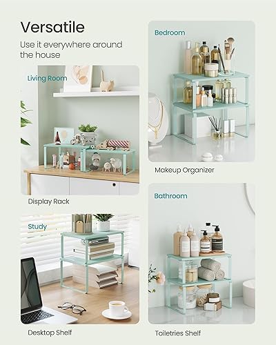 Vista 118 de SONGMICS Estante organizador de gabinete, juego de 2 estantes de encimera de cocina, almacenamiento de cocina, estante de especias, apilable, Blanco