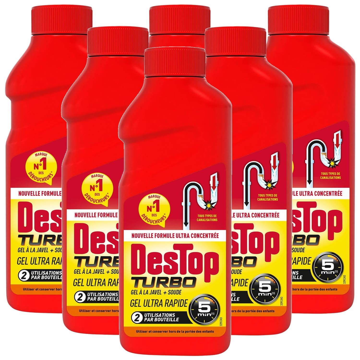 Gel désinfectant DESTOP Turbo 5 min - déboucheur canalisation - 2 doses - 6 x 500ml