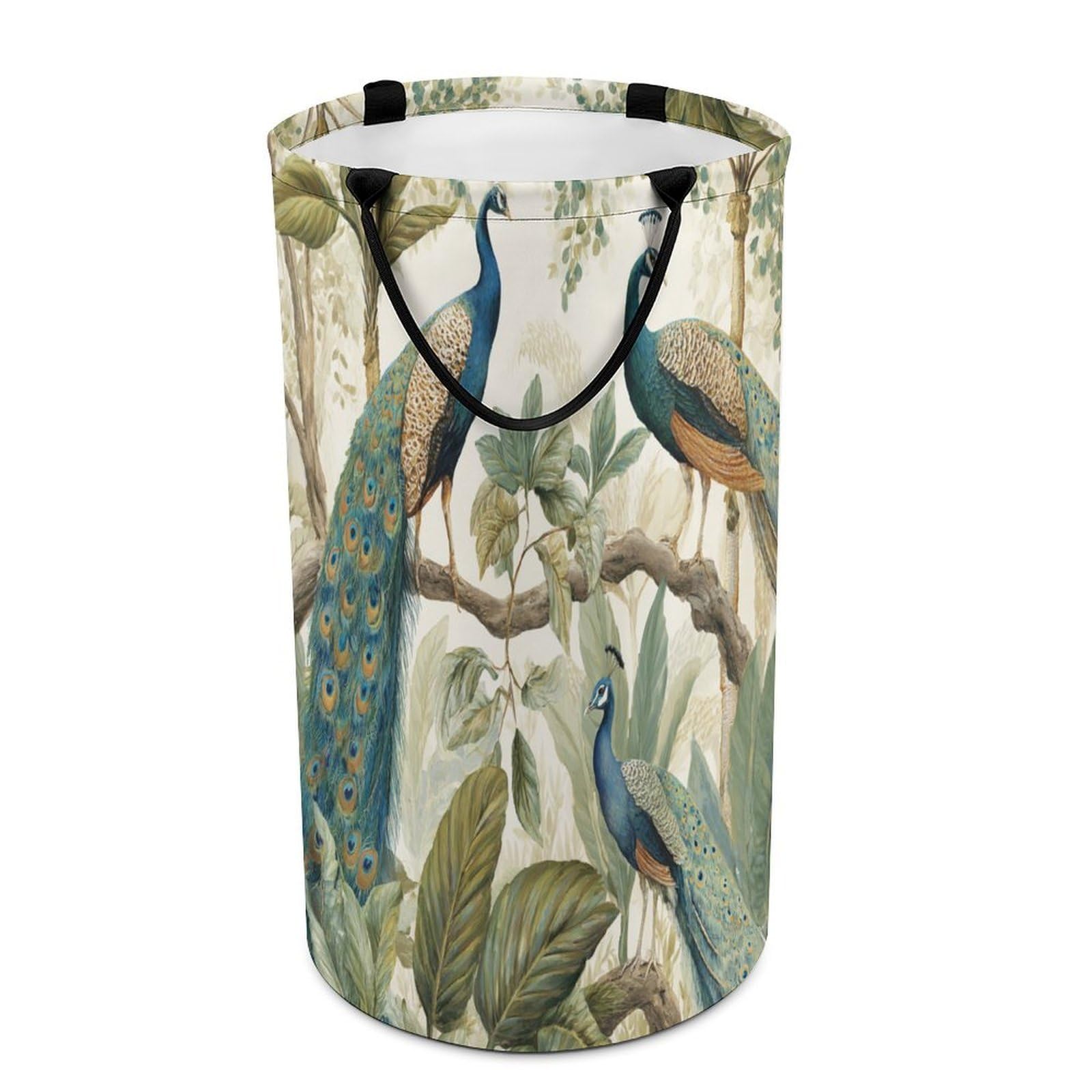 LUYYSKY Classic Fantasy Birds Peacocks Versatile Storage Laundry Basket, Retro Oil Painting Botanical Branch Animals Peacocks Pattern Large Capacity Bathroom Hamper With Handle