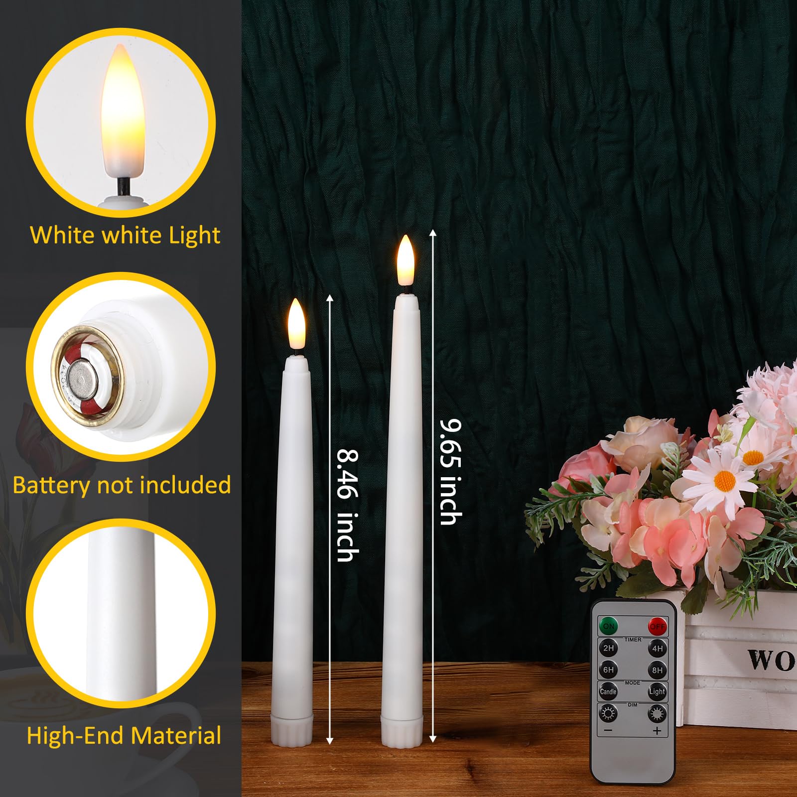 Reginary Confezione da 50 candele coniche senza fiamma con 4 telecomando, funzionamento a batteria, candele tremolanti coniche 3D a LED in cera sintetica, luci calde per matrimoni, Ringraziamento