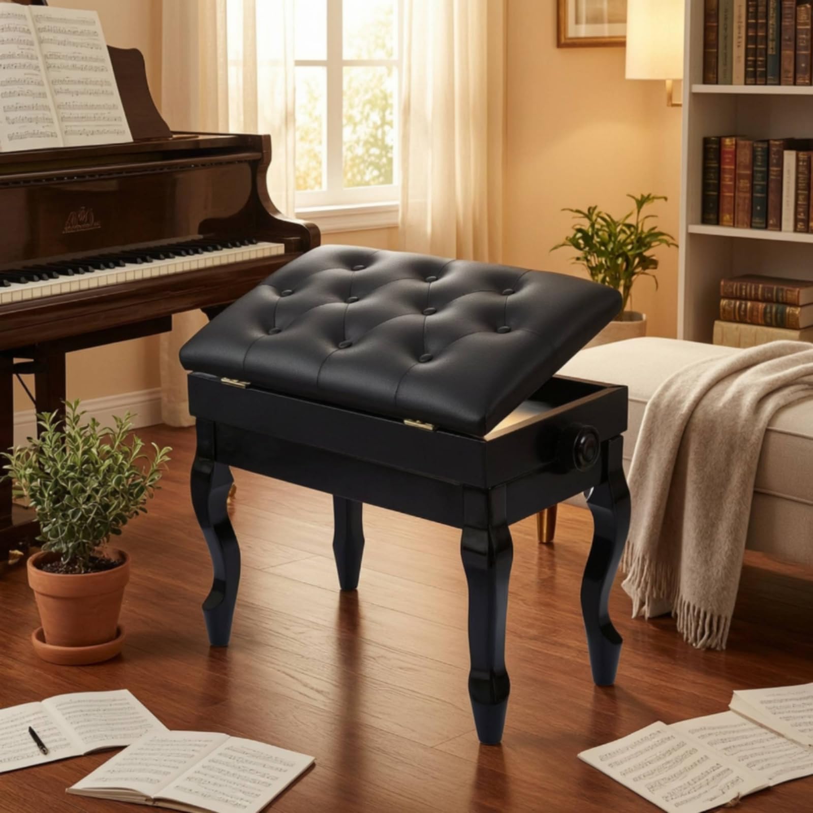 Seduta da Piano con Contenitore Seduta Regolabile in Altezza per Pianisti, Studenti di Musica, Nero