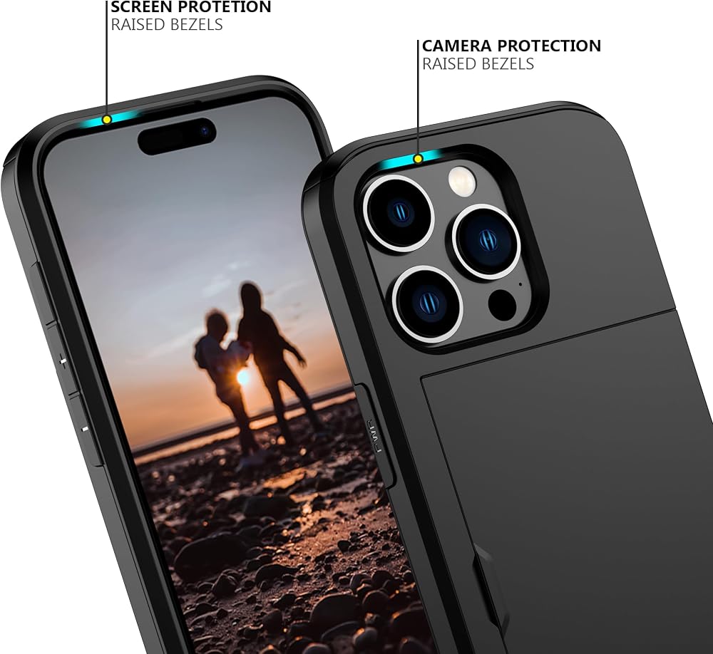 Nvollnoe Compatible with iPhone 15 Pro Case with Card Holder Heavy Duty Protective Dual Layer Shockproof Hidden Card Slot Slim Wallet Phone Cover for Women&Men 6.1 inch(Black)