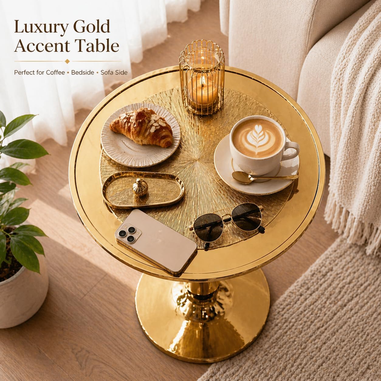 Gold Round End Table Modern Metal Accent Side Table with Embossed Top & Pedestal Base for Living Room, Bedroom, Entryway or Hallway, Electroplated Aluminum Design 15" x 22" Inch