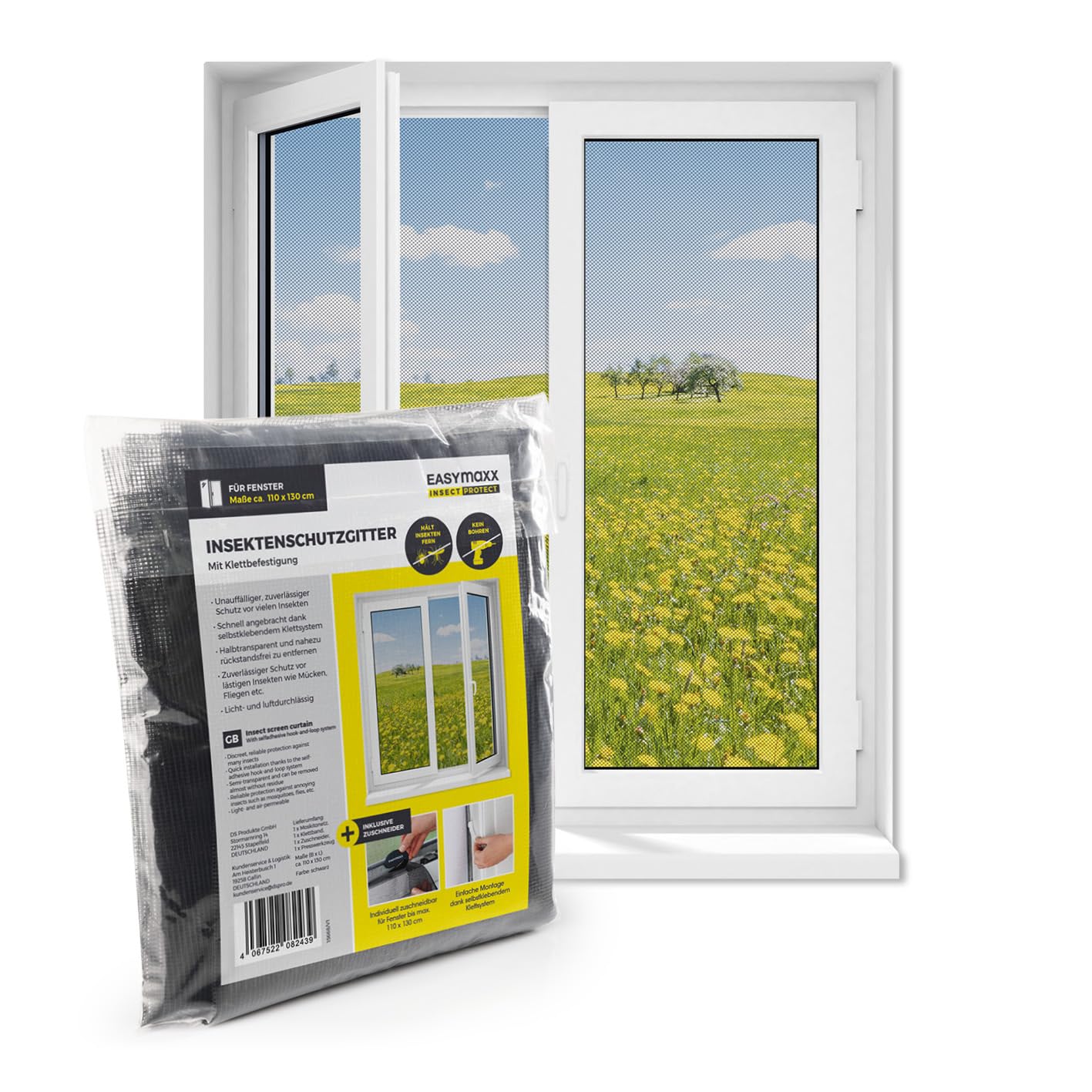 EASYmaxx Fliegengitter Fenster | Moskitonetz, Montage ohne Bohren | zuschneidbarer Insektenschutz Fenster bis 110 x 130 cm | Mückenschutz | Fliegennetz Klettband selbstklebend [Schwarz]