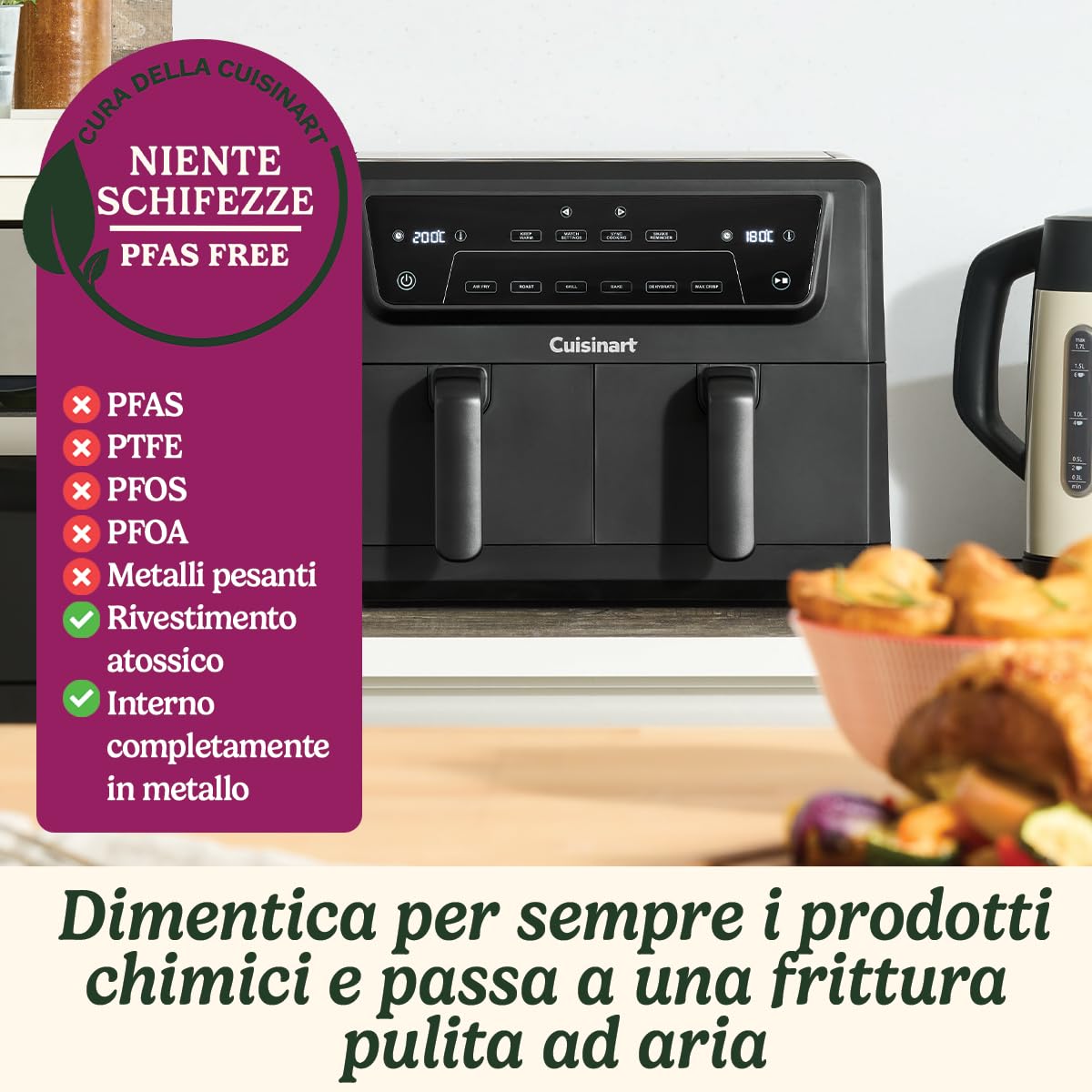 Cuisinart Air Fryer XXL Zona Doppia | Senza PFAS | Frigge, arrostisce, griglia, cuoce, disidrata | Doppio friggitrice ad aria doppio cestello 2x5,2L, oltre 8 porzioni | Parti lavabili in lavastoviglie