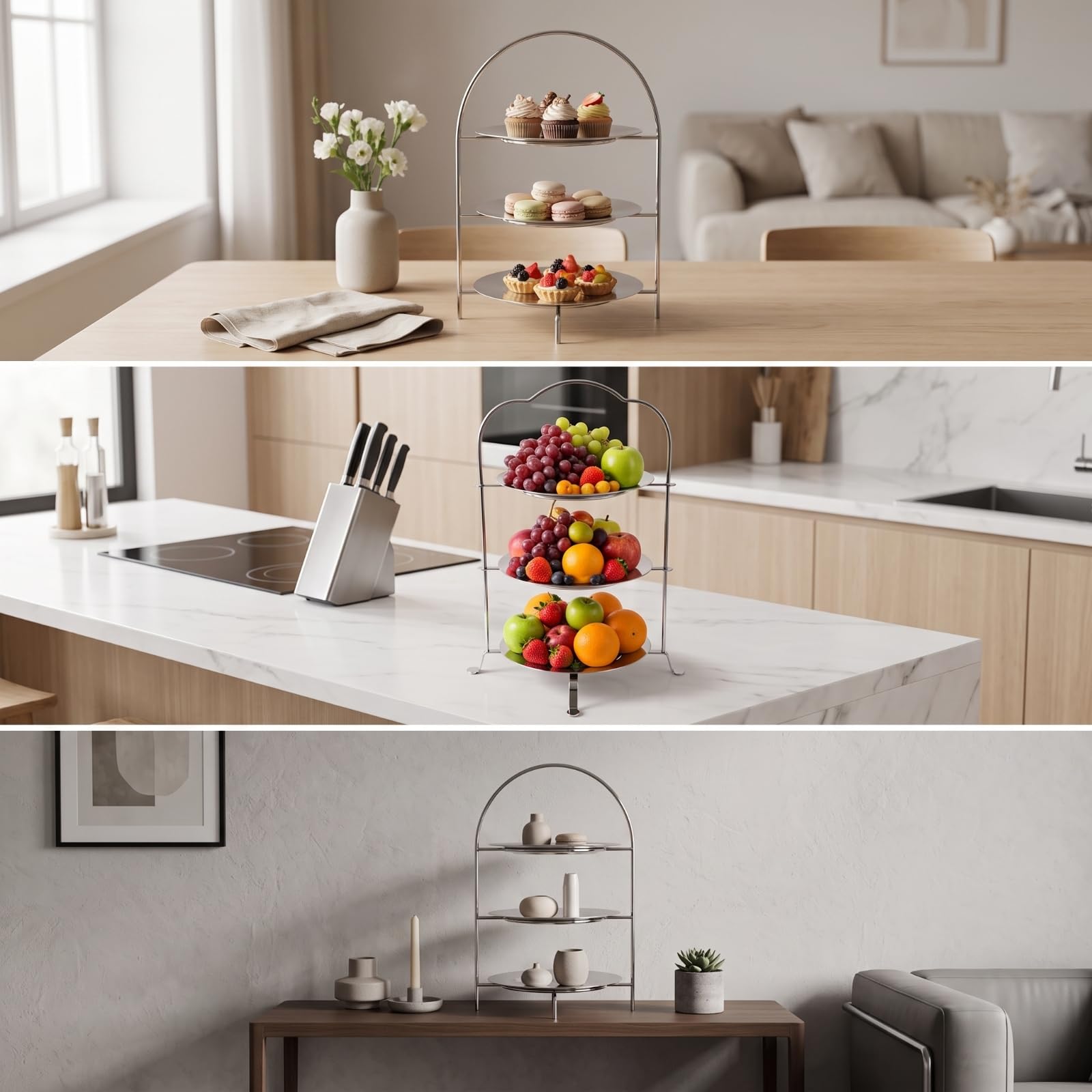 Expositor Postres Acero Inoxidable Elegante Banja Triple Niveles Morno Soporte Escalonado para Reposteros , Diámetro Del Plato Grande 24 CM