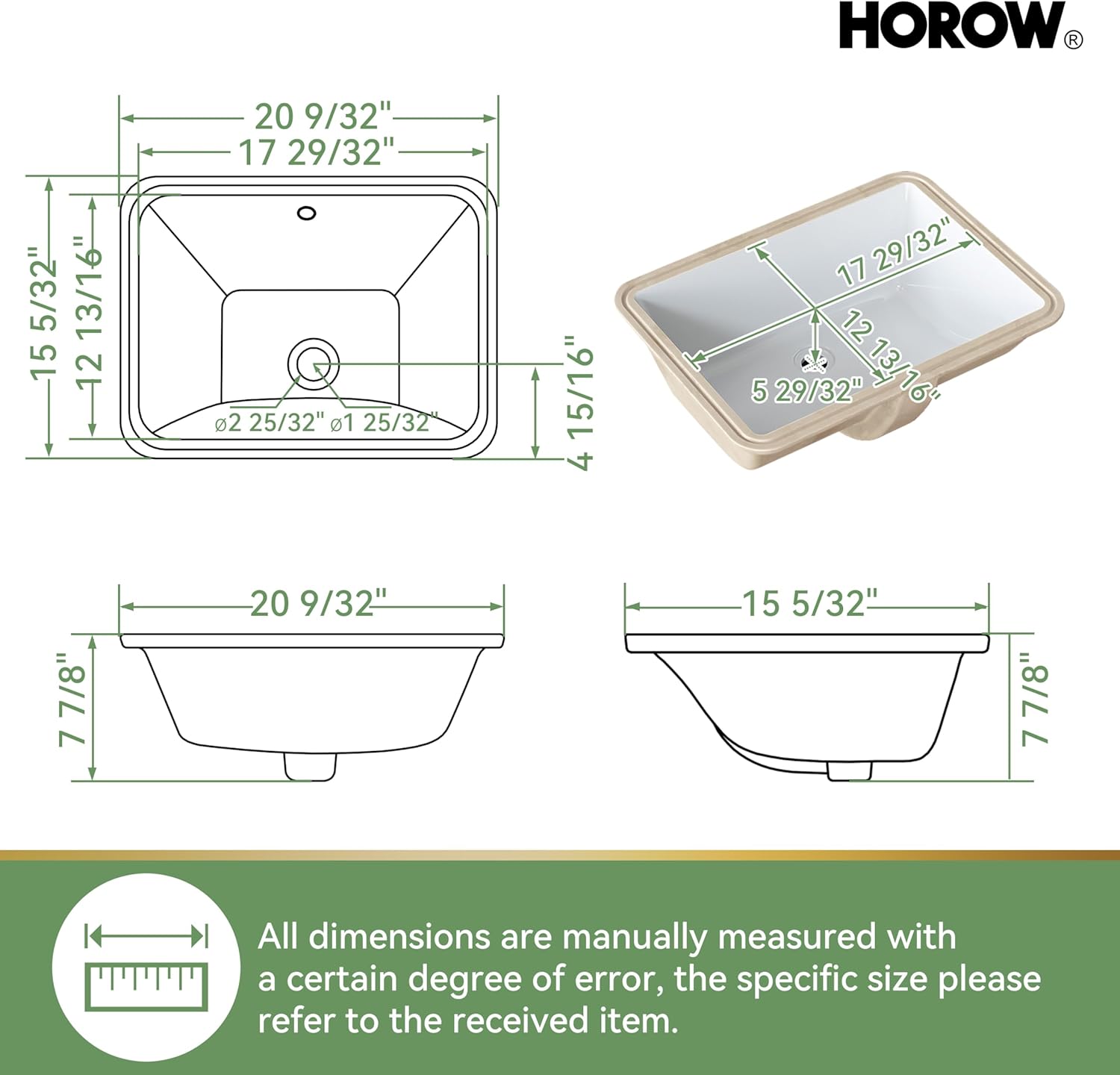 Technical drawing showing the dimensions of the HOROW undermount sink, including overall length, width, and depth.