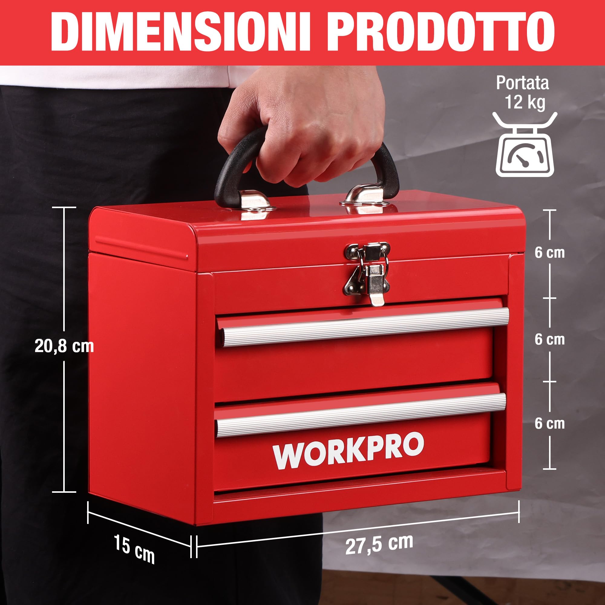 WORKPRO Cassetta Organizzatrice con Maniglia, Doppio Cassetto & | Vano Superiore, Chiusura con Latch, 27,5 × 15 × 20,8 cm, Porta Utensili per Ufficio, Officina e Spogliatoio – Rosso