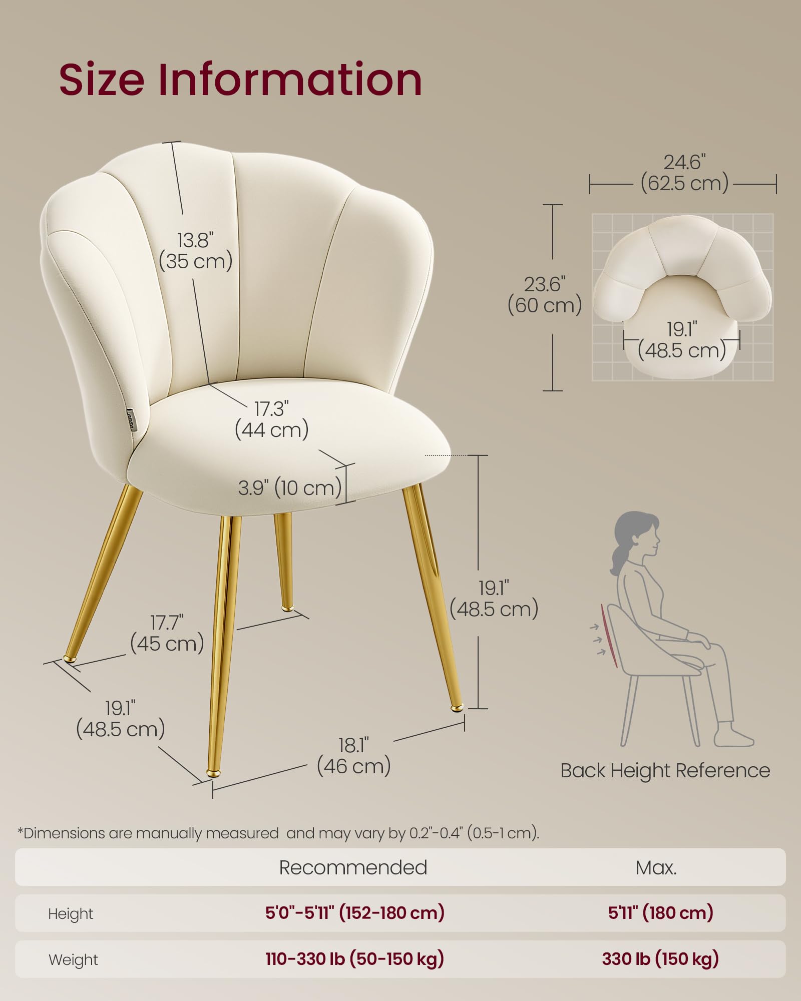 VASAGLE Esszimmerstuhl, blütenblattförmige Rückenlehne, gepolsterter Schminktischstuhl, Samt, bis 150 kg belastbar, Stahlbeine, für Küche, Wohnzimmer, Schlafzimmer, cremeweiß KDC099W101