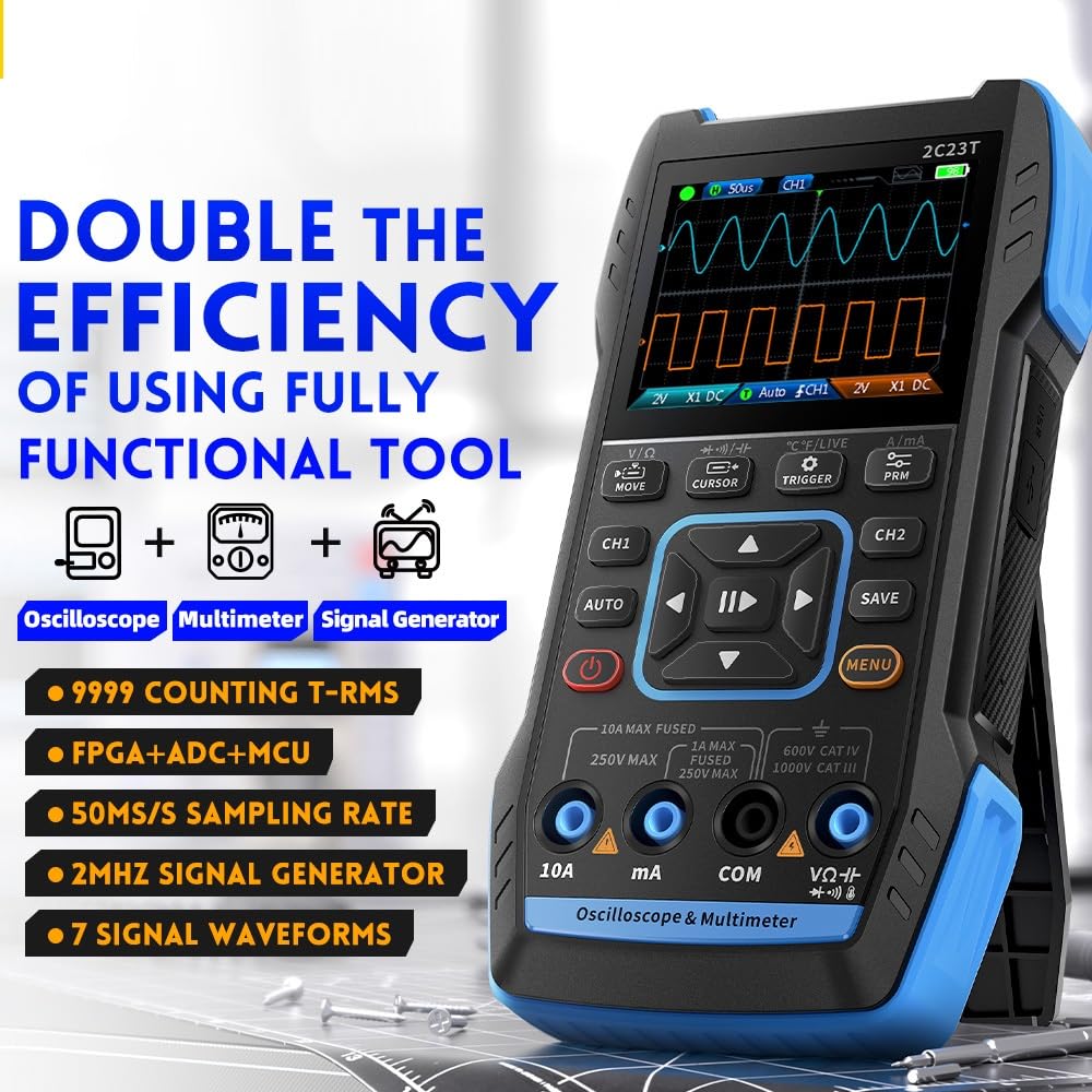 2C23T Oscilloscopio, 3 in 1 Oscilloscopio Digitale/Multimetro/Generatore di Segnale DDS, 2 Canali, 10MHz, Frequenza di campionamento 50 MSPS, 9999 Conteggi