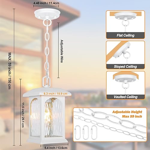 Miniatura 2 de Lámpara colgante blanca para exteriores  Lámparas colgantes exteriores ajustables, luz de porche impermeable con vidrio ondulado, moderna lámpara
