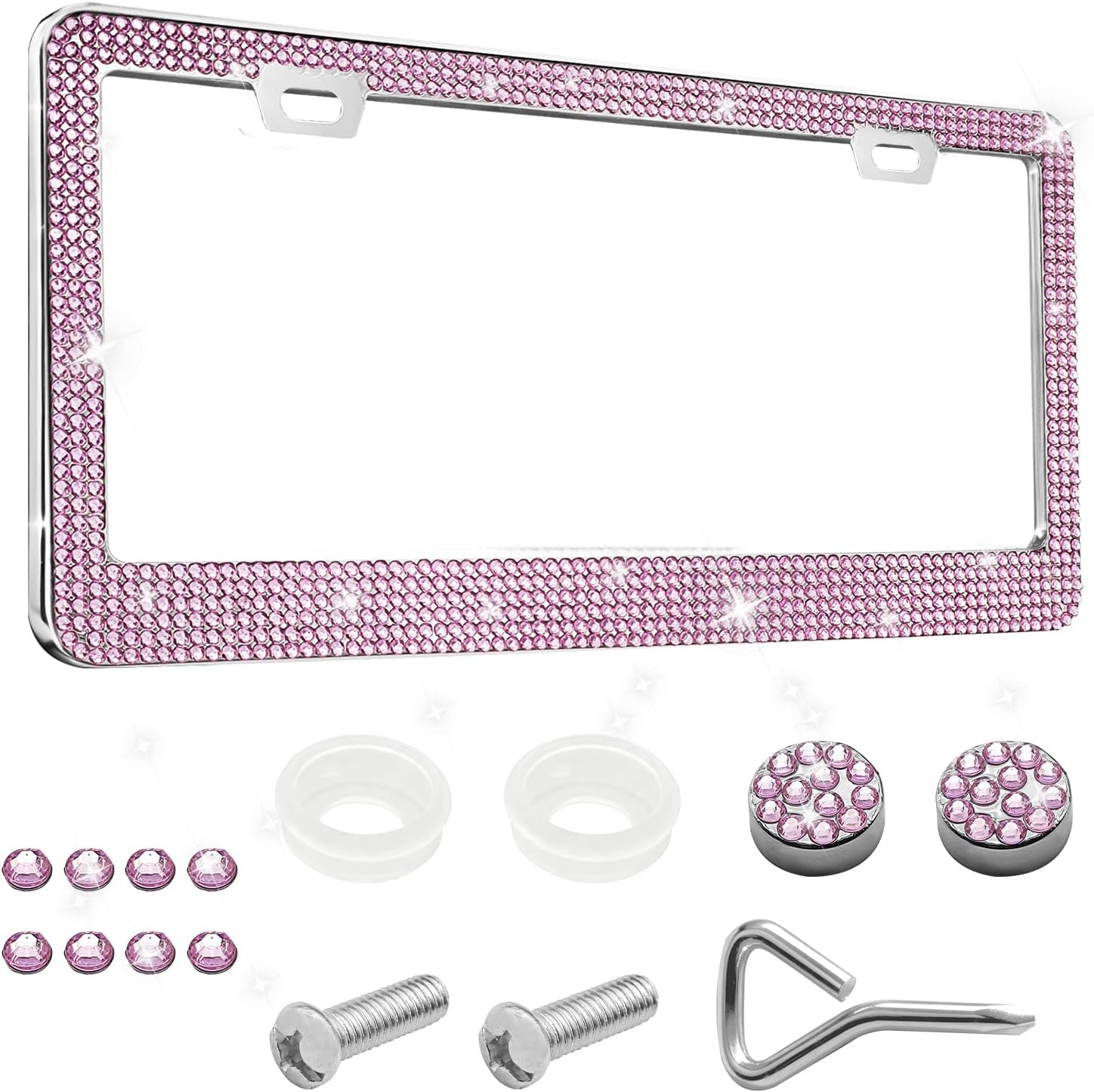 Surosha Bling License Plate Frames for Women, License Plate Tag Cover, Stainless Steel Car Licenses Plates Cover, Handmade Glitter Crystal Diamond Girl License Plate Tag Frame for Cars (Pink, 1PCS)