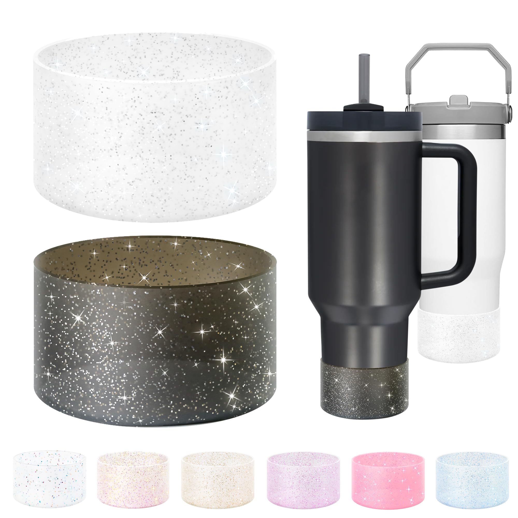 Vmini 2 Pack Protective Glitter Silicone Boot, Compatible with Stanley Tumbler 20-40oz & Hydro Flask Water Bottle 12-24oz and More Bottles/Tumblers with 2.8-2.95in Bottom, Bling Anti-Slip Sleeve