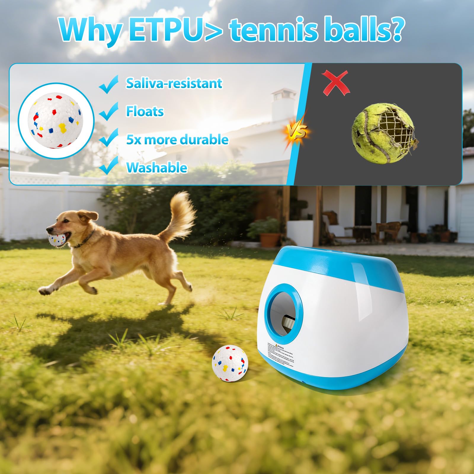 CDIYTOOL Lanceur de balles automatique pour chien, rechargeable sans fil, machine de lancement de balles interactif pour grands chiens, 3 réglages de distance avec télécommande, 3 balles