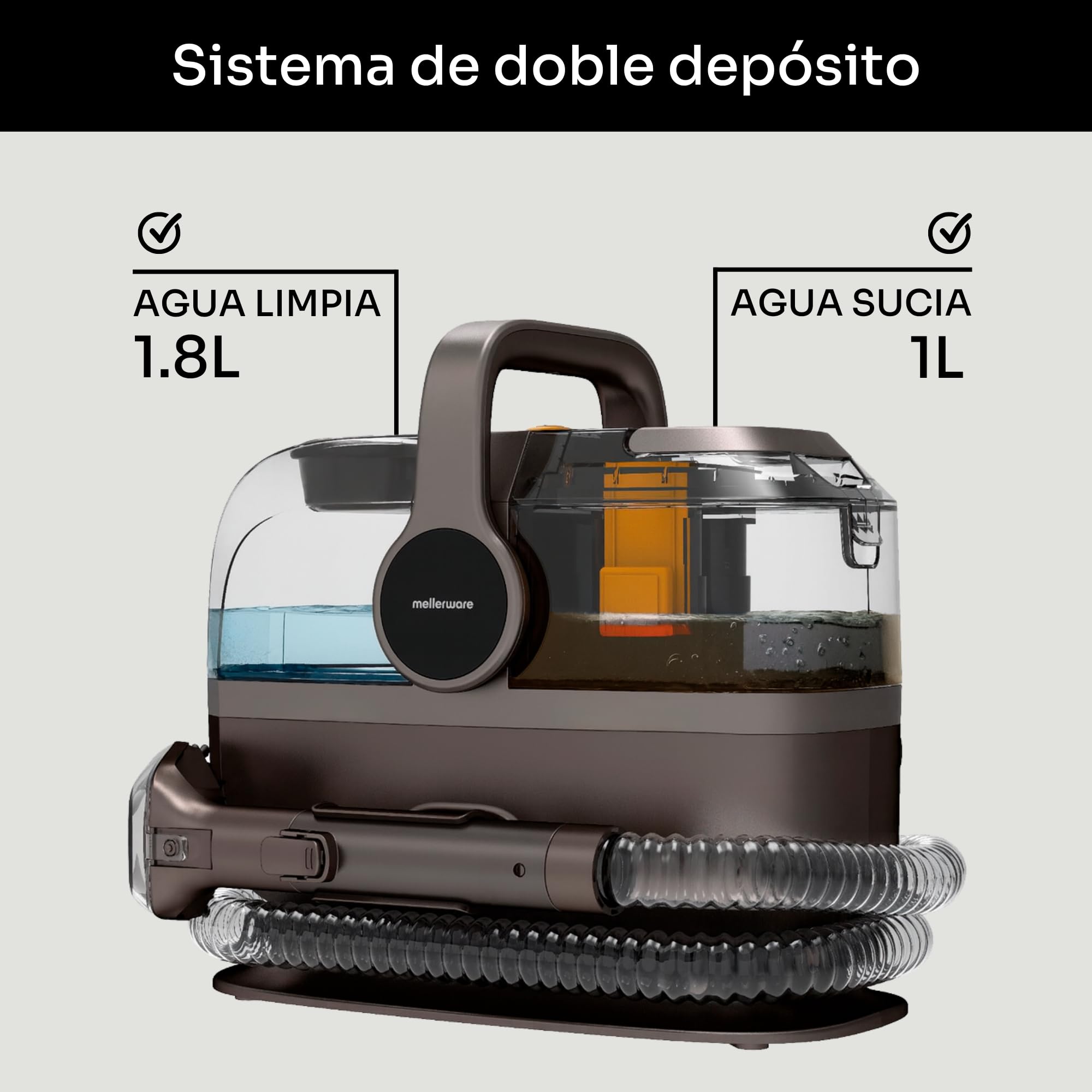 Mellerware - Aspirador para Tapicería Cleany Carpet 600w | Limpieza eficaz con función Wet&Dry | Boquilla 2 en 1 | Succión Duradera | Elimina Manchas y líquidos en colchones, sofás y alfombras