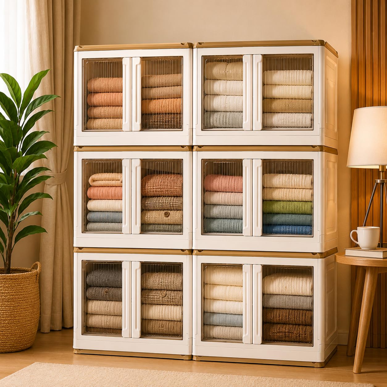 SNKR ESSENTIALS 6 𝐏𝐀𝐂𝐊 Plastic Rack for Storage Cabinet with Wheels | Multipurpose Shelf Storage Services Almirah Wardrobe for Clothes, Kitchen Cupboard | Plastic Organizer with Transparent Doors