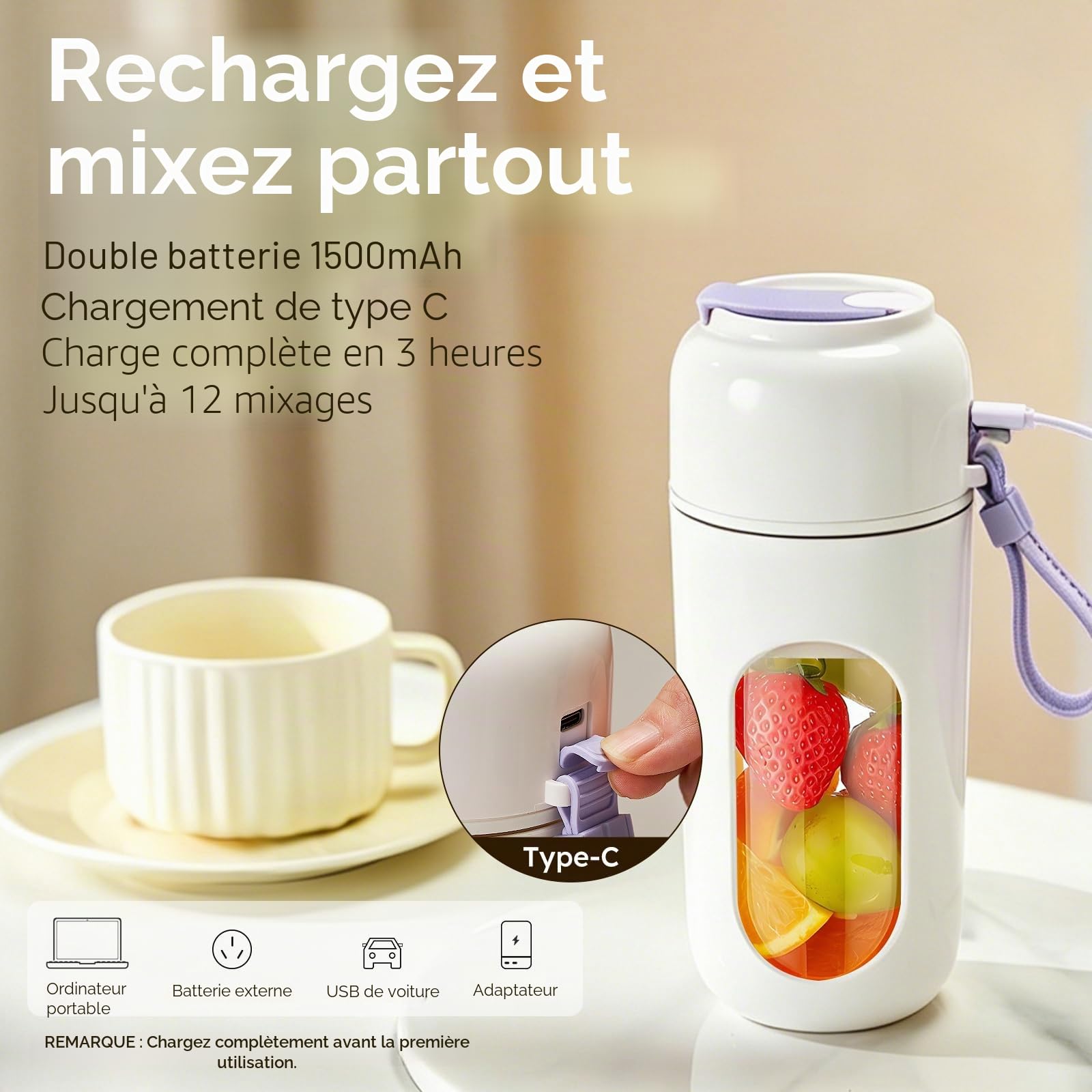 JTF Mixeur Portable pour Shakes et Smoothies,340ml Mini Blender avec 12 Lames en Acier Inoxydable,Mixeur Sans Fil et Rechargeable par Type-C,pour Maison, Bureau, Extérieur, Sports et Voyages (Violet)