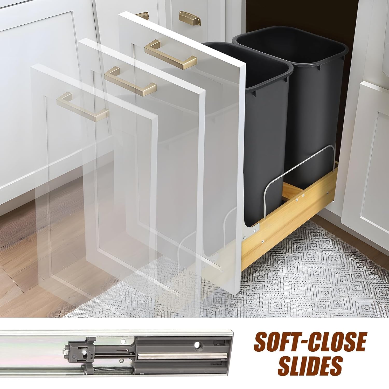 Double Pull Out Trash Can Under Cabinet, Extra Large Dual 48 Qt Bins with 14" Wood Frame, Pull Out Garbage Can for Kitchen Cabinet with Soft-Close Slide Out Trash Can Cabinet Mount Home Recycling Bin