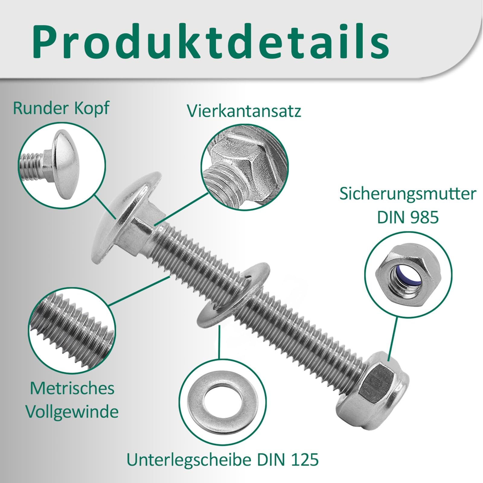 DSM – Lot de 100 vis de fixation M5 x 70 mm selon DIN 603 – Écrou de sécurité M5 DIN 985 & Rondelle DIN 125 – Acier inoxydable A2/V2A – Vis à tête bombée avec embase carrée – Écrous-butées – 100