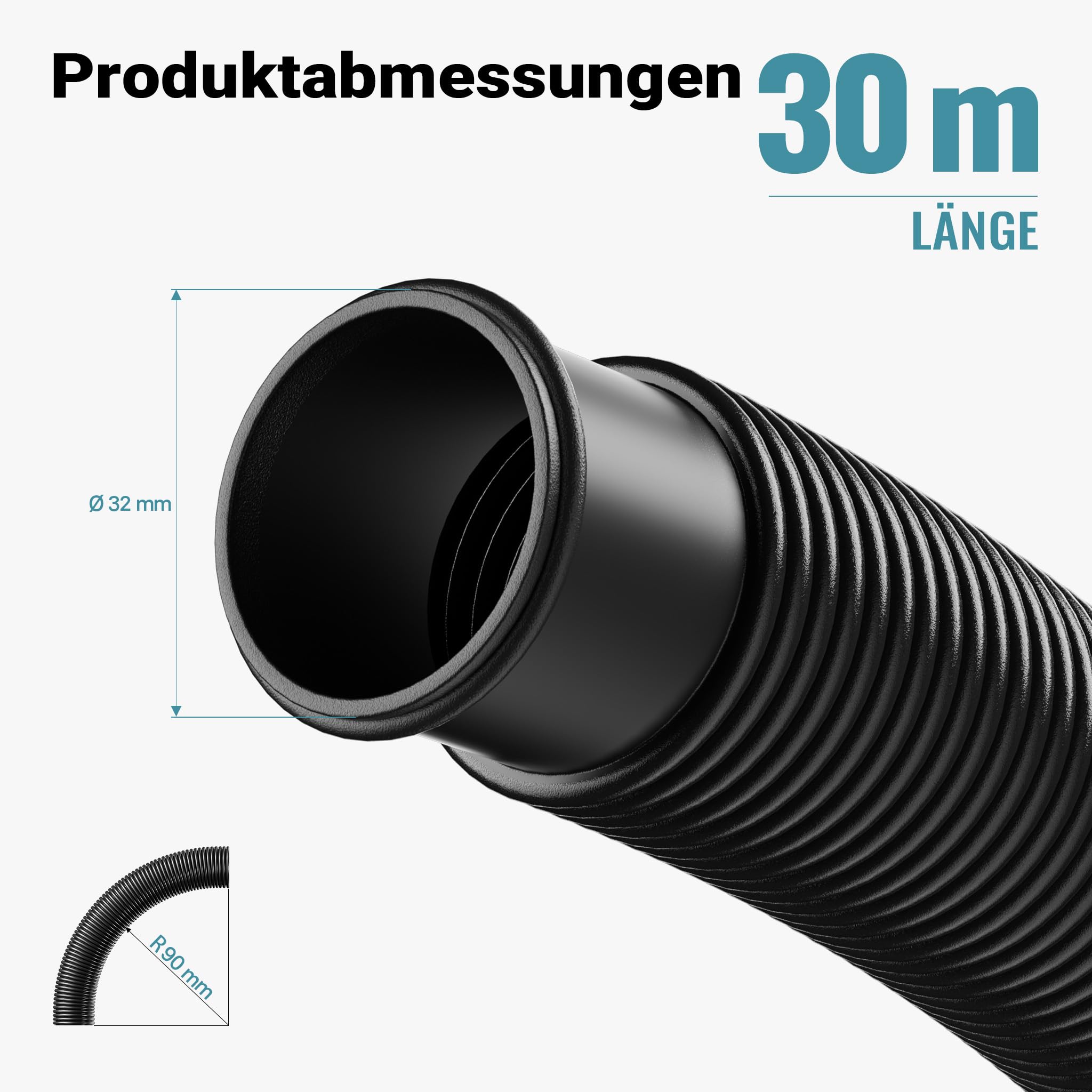 Wiltec Poolschlauch 30 m ⌀32 mm, Schwimmbadschlauch mit Muffen, Pumpenschlauch für Schwimmbecken, Saugschlauch, Solarschlauch