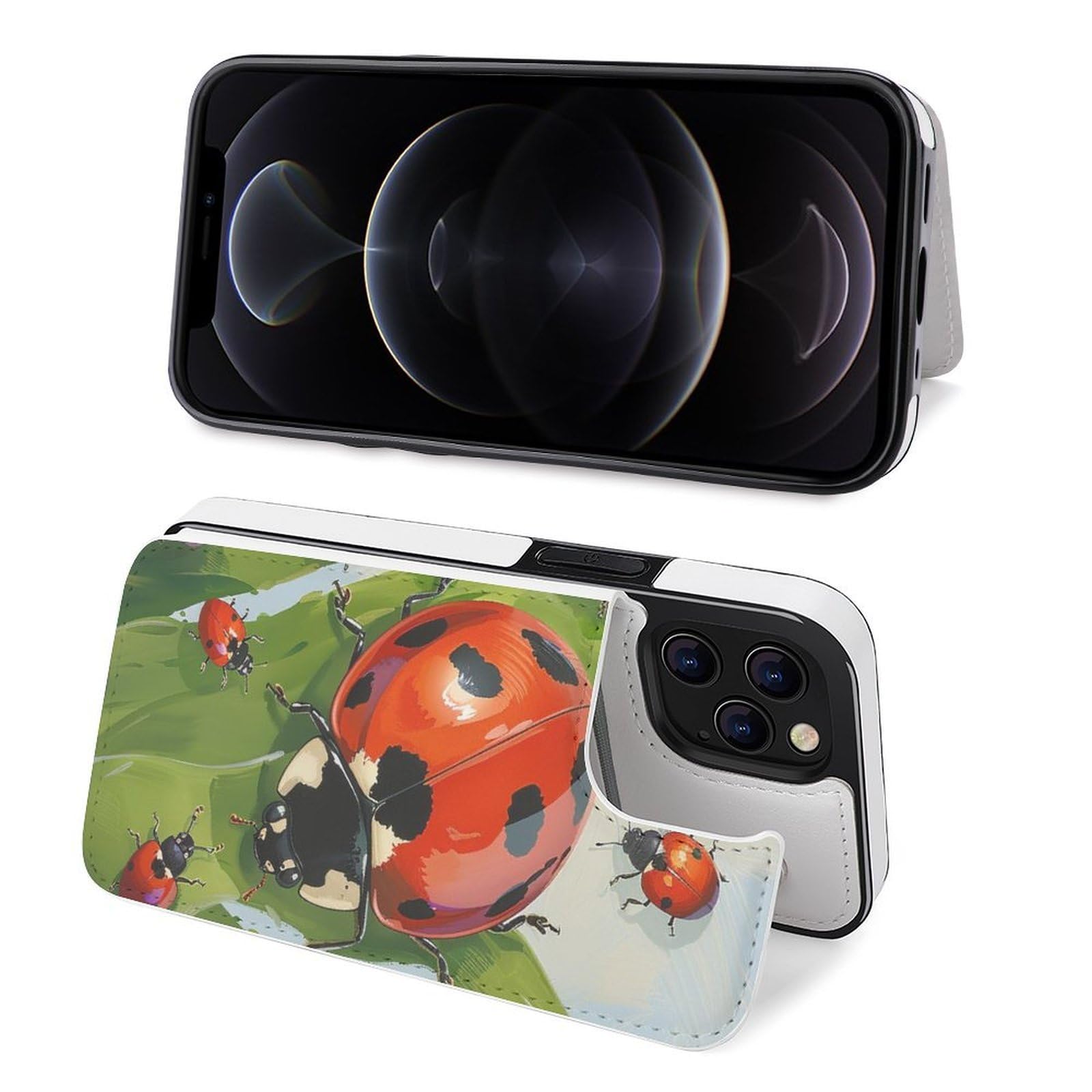 Fundas tipo cartera para iPhone 12 Pro Max, diseño de mariquitas, funda de piel con ranuras para tarjetas