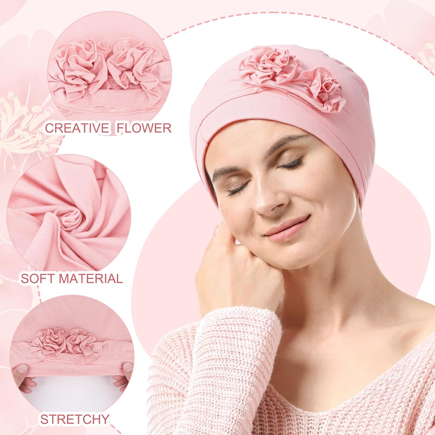 6Pcs Chemo Turban Headwear for Women Flower Design Soft Beanie Hats Cotton Headwear Elastic Covers Cap for Hair Loss - Image 3