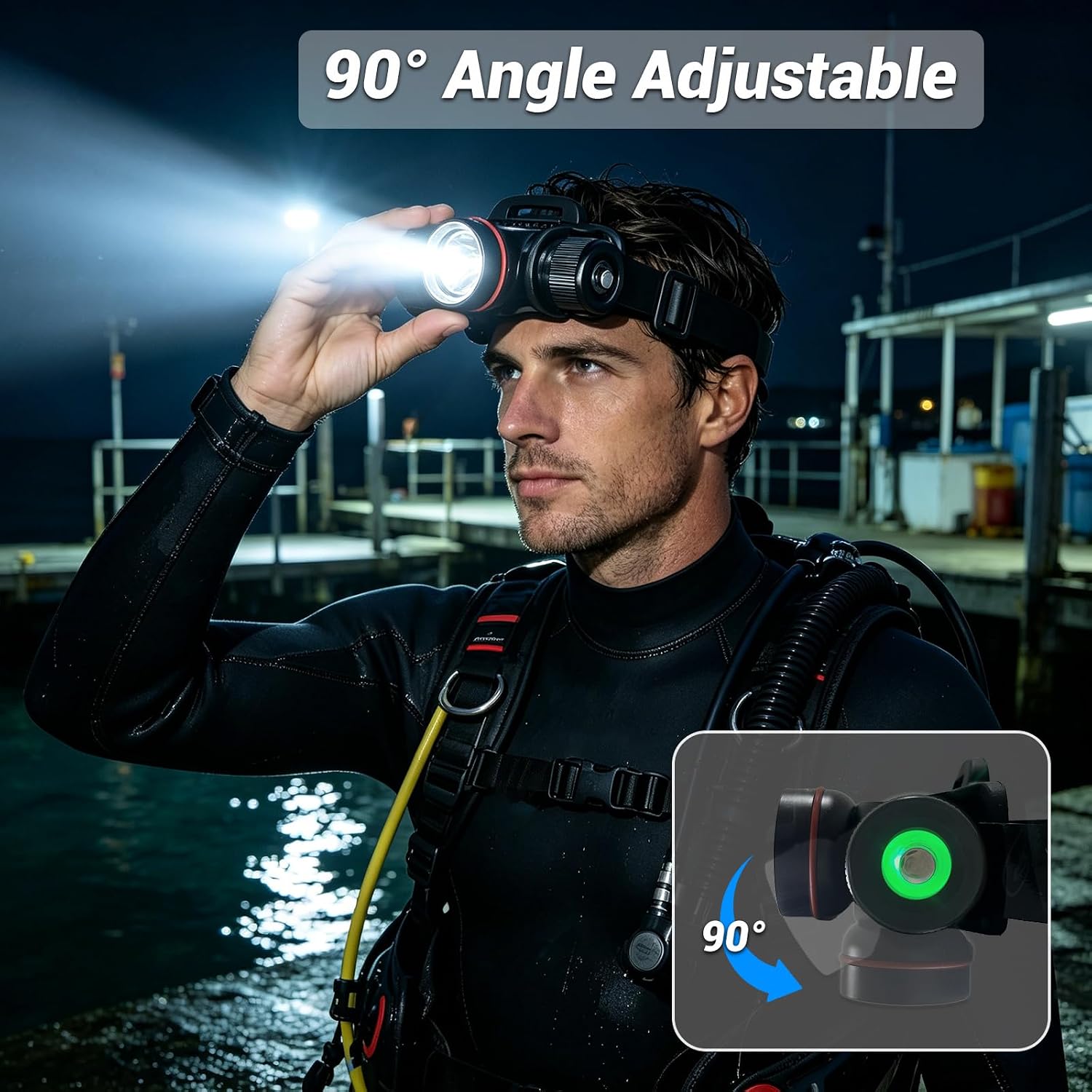 Diving Headlamp Scuba Dive Light, 5 Modes, Bright, Underwater 60m | Hands-free Diving Light, Power Indicator, Rechargeable, IPX8 Waterproof & Dustproof, Aluminum Alloy, Diving/Snorkeling/Caving