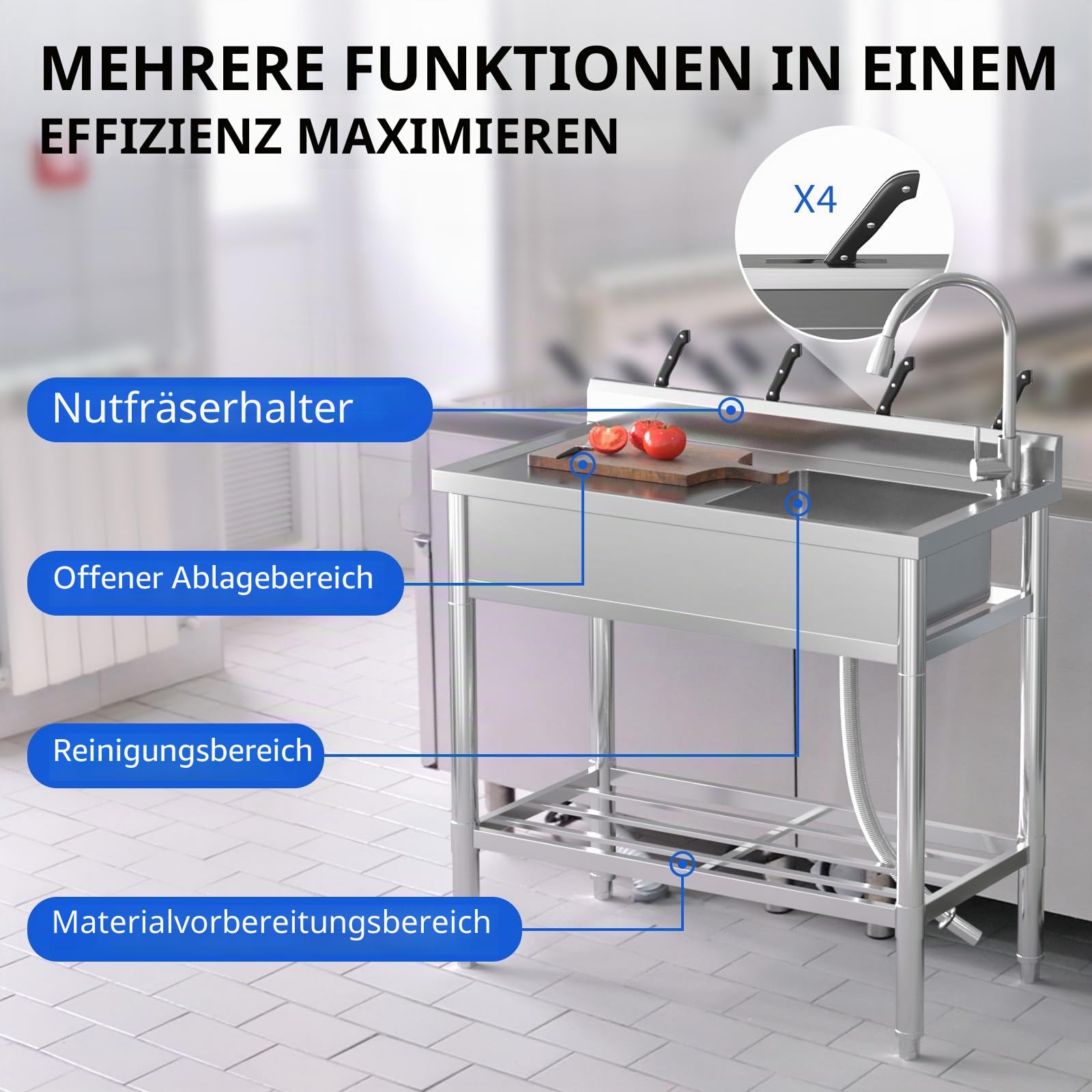 Küchenspüle Spültisch Freistehend Edelstahl Waschbecken Edelstahl-Spüle mit Wasserhahn, Ablage & Zubehör, Komplettset für Küche, Bad, Gewerbe 100x50x94 cm, Rostfrei & Langlebig