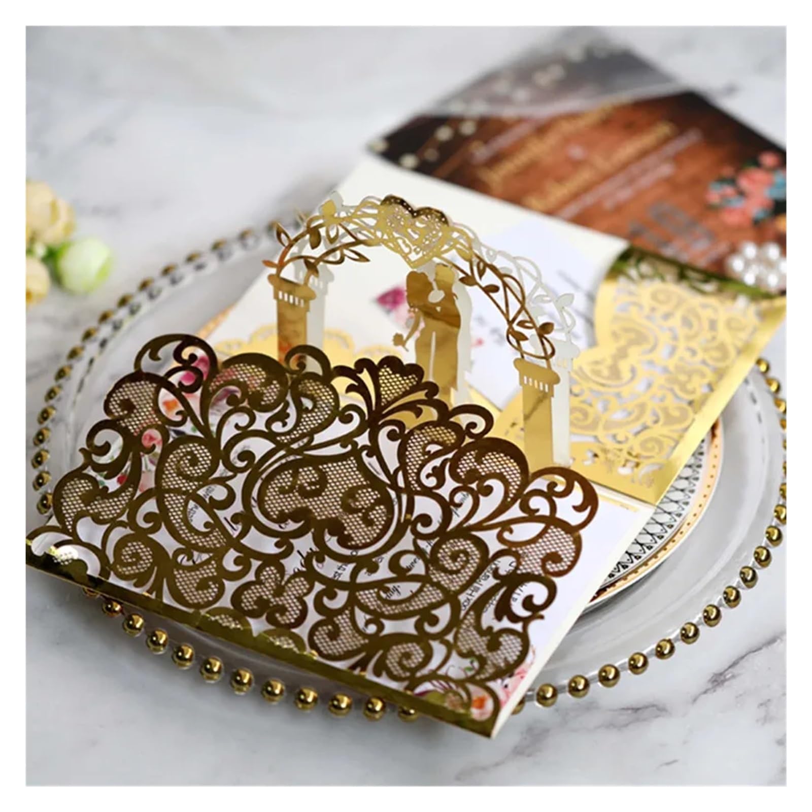 Einladungskarten Hochzeit 10/20 Stück Weißgold-Perlenpapier, lasergeschnittene Hochzeitseinladungskarte, europäische Hochzeit, Brautparty, Dekor, Geschenk, Grußkarten-Sets(Ivory,20pcs)