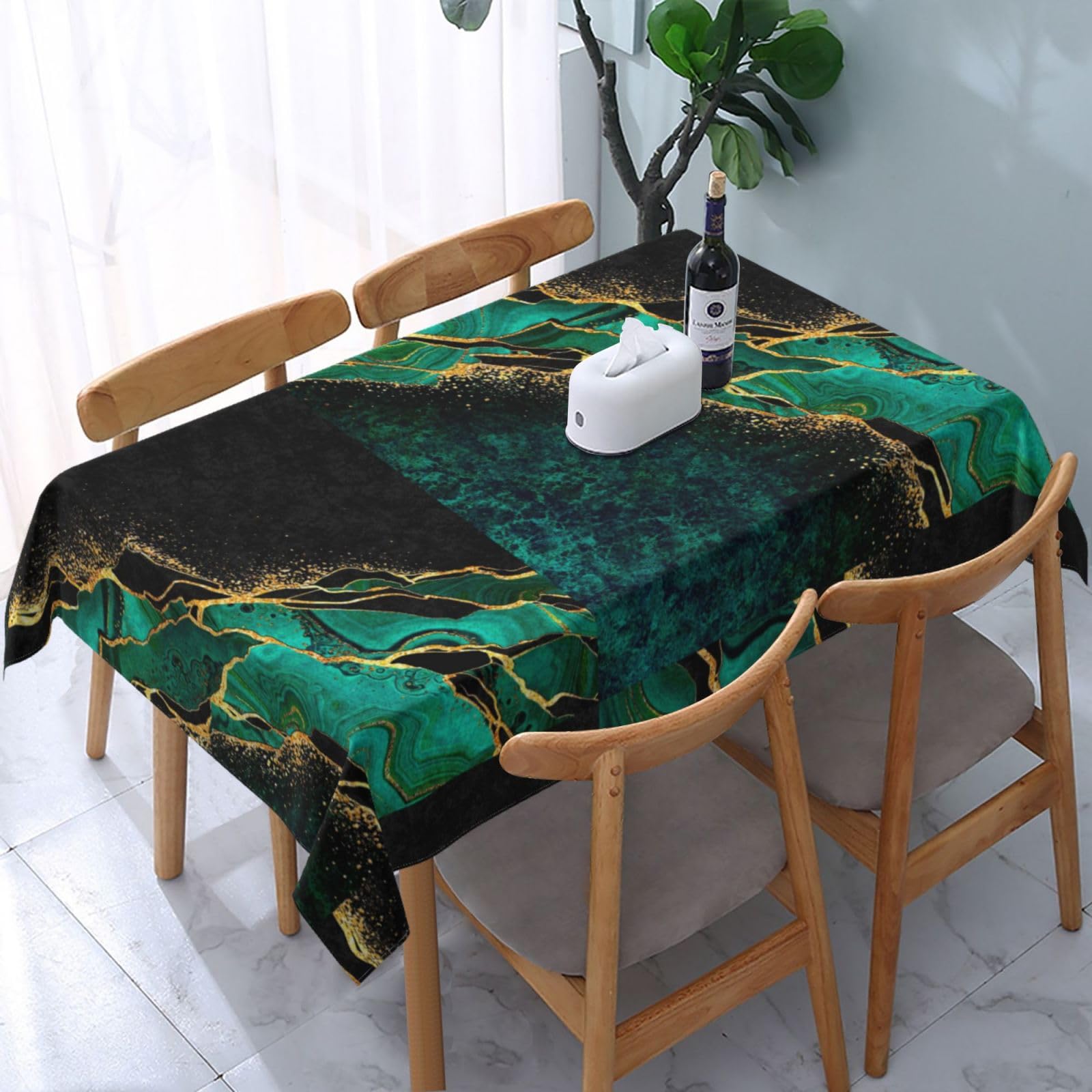 HDTVTV Black Teal Marble Green Malachite With Golden Veins Gold Spots, Tablecloth, Waterproof Dust-Proof Tabletop Wrinkle Resistant Table Cover - 137 X 183 cm