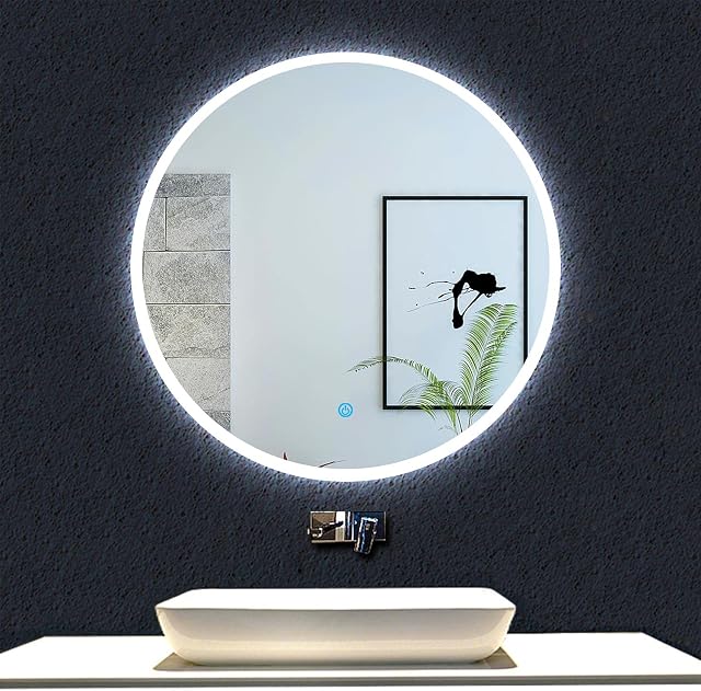 Acezanble 600x600 Round Bathroom Mirror with LED Lights,Anti-fog,Touch Sensor,Wall Mounted,Cool White Light,IP44-1.5cm