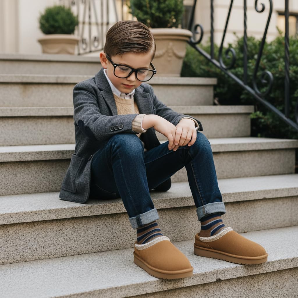 CUSHIONAIRE Keto Genuine Suede Leather Kids Slippers for Boys and Girls – Cozy Slip-On Mule House Shoes with Faux Fur Lining, Cushioned Memory Foam Comfort - Image 7