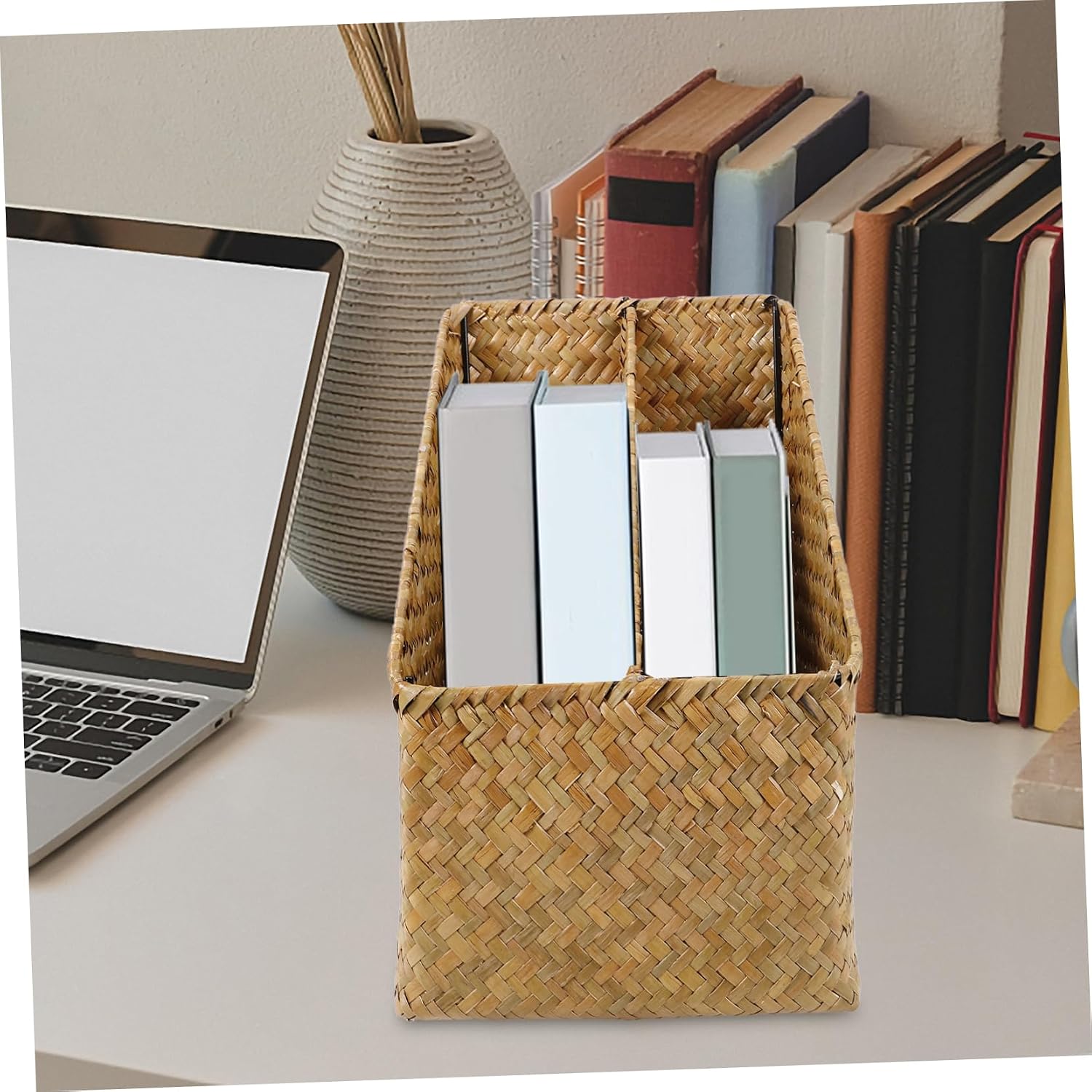 Woven Book Basket Storage Box Seagrass Organizer for Desktop Vintage Design for Books Sundries and Home Elegant and Versatile Storage