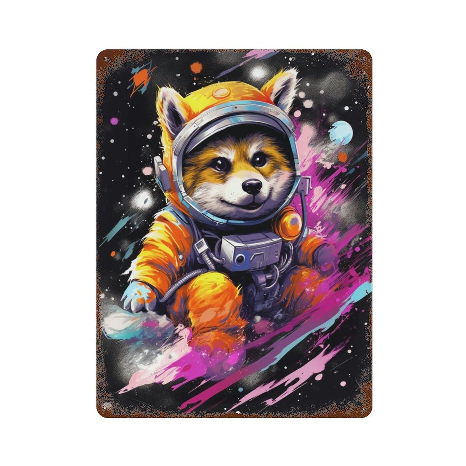 Space Fox Adventure-5 15.7"x11.8" Vintage Rust Metal Sign, Novelty Wall Decor for Living Room, Hallway And Home Decor